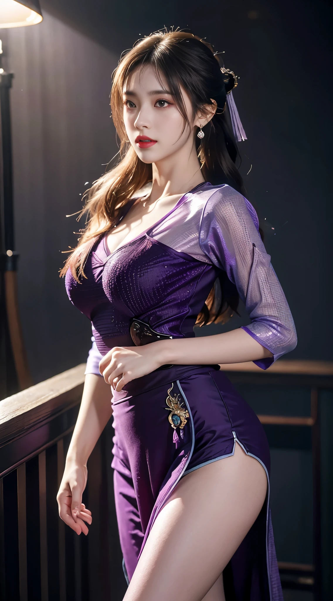 1 Beauty in Hanfu, Thin purple silk shirt，White，Variety of textures, White蕾丝上衣, Platinum purple long ponytail, hair accessories, earring, light purple rabbit ears, Necklaces and Necklaces, Carefully drawn big purple eyes, Detailed makeup, thin eyebrows, high nose, cute red lips, no smile, purse lips, red face, broad chest, big breasts , Well-proportioned breasts, slim waist, Purple fishnet stockings, Chinese Hanfu style, fictional art texture, The colors are vivid and true to life, original photo, Realistic photos, Ultra-high quality 8k hyper-realistic photos, (Effective fantasy lighting effects: 1.8), 10x pixels, magic effect (background): 1.8), super detailed eyes, Girl body portrait, solo girl, 古代汉服background,