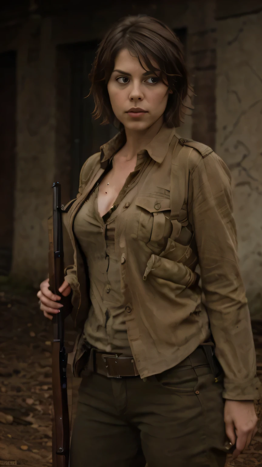 Lauren cohan, she is a british-american sctress, she is from "The walking dead" series, behind her there are zombies but she is not afraid, she is holding a gun, realistic, masterpiece, final detail, photo realistic, intricate detail, octane rendering, 8K, 1Girl, full bodyperfect face, beautiful face, detail hair, solo,absurdres , (intricate details), (colorful),cinematic lighting,bust shot,extremely detailed CG unity 8k wallpaper, masterpiece, absurdres,detailed face and body, detailed face,backlight, intense gaze, cinematic lighting, abs, messy hair