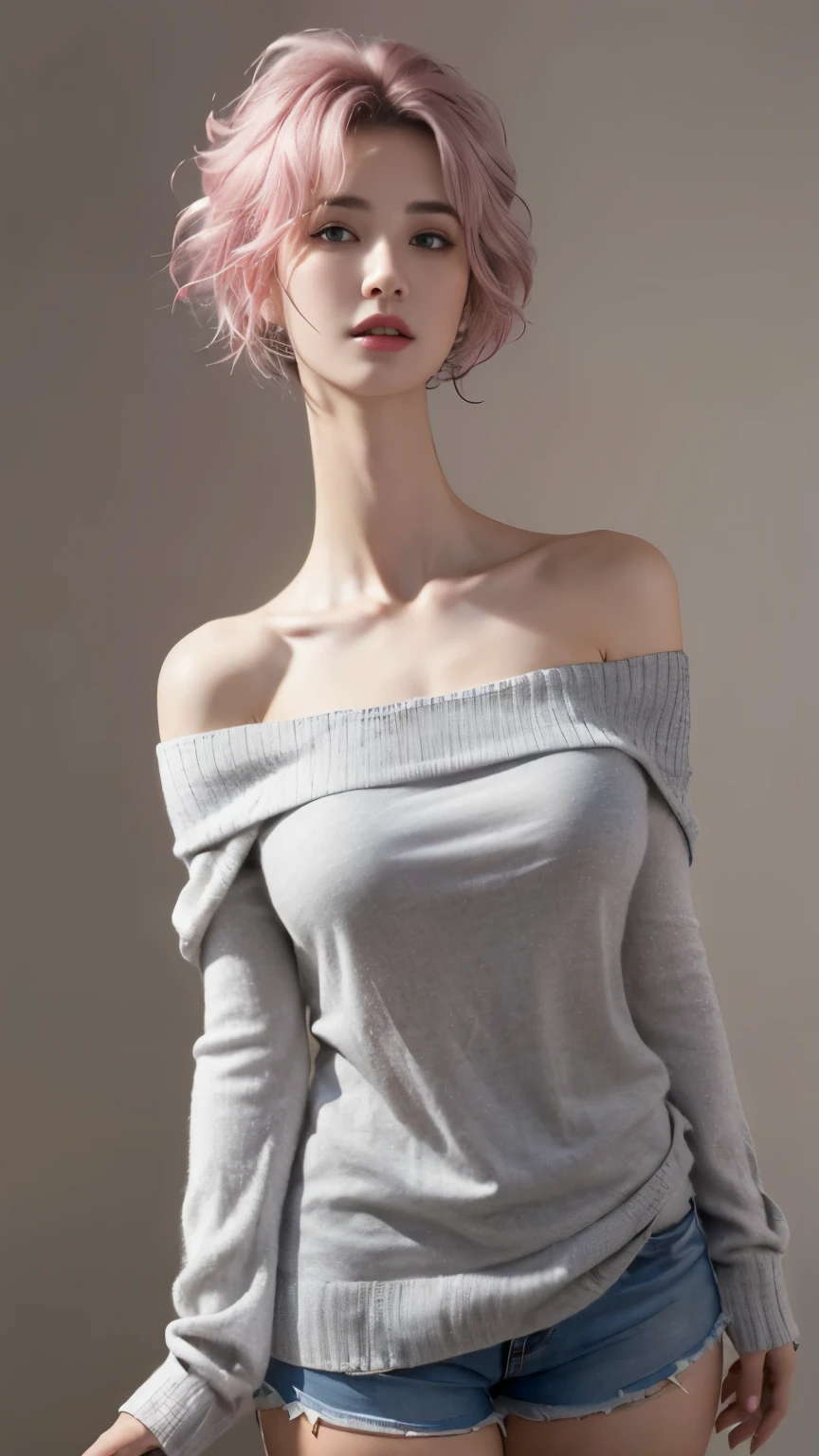 (ultra realistic, highly detailed:1.4), best quality, masterpiece
girl, tall girl, 18 yo., (gray off-the-shoulder sweater and shorts), short messy pink hair, (sfw massive breasts), (longneck:1.4), tall