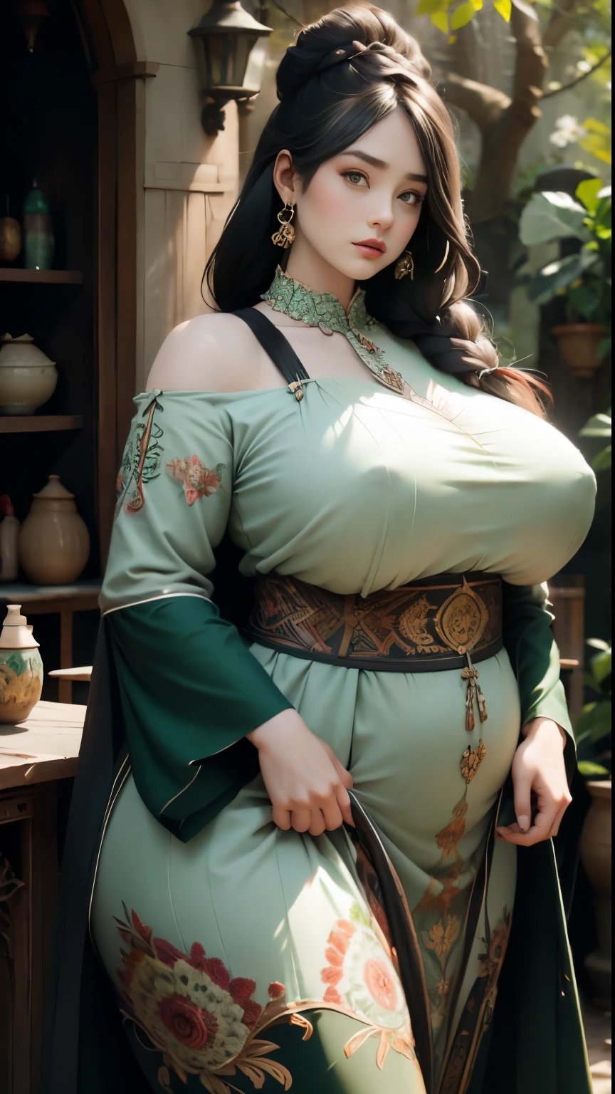 1girl, huge breast, black hair, green eyes,high quality, ultra detailed, masterpiece, realistic, gamis clothes,braid,standing, slightly fat arms , slightly fat belly