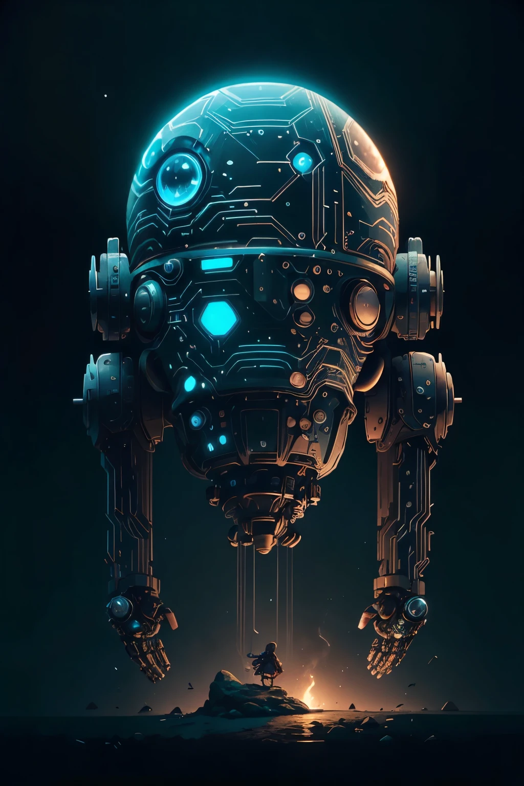 Amidst the stillness of the darkest and longest night of the year, a full length view of an enchanting scene unfolds. In the distance, a small, funny phantom robot with a porcelain face and head, adorned with big, expressive turquoise eyes and perfect, top-quality design, reminiscent of the artistry of Masters such as Ralph Blakelock, Ed Emshwiller, Marianne Wroten, Arthur Rackham, and Niko Anttila.
The robot, with its cheerful demeanor, embarks on a mystical journey, leaving behind the tranquil stillness of the night. The ethereal glow