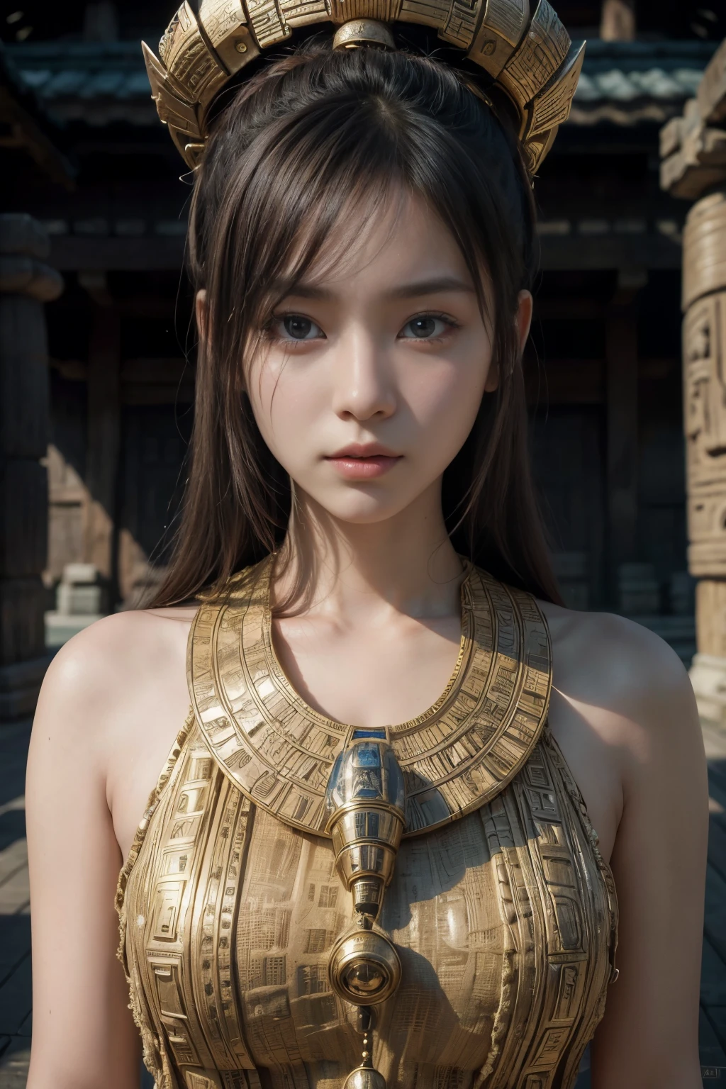 (high quality), (masterpiece), (detailed), 8K, Hyper-realistic portrayal of a futuristic (1girl1.2), Japanese character amidst ancient totemic elements with a papyrus backdrop. Meticulous details capture the seamless blend of tradition and innovation in this visually stunning composition. Trending on Artstation.