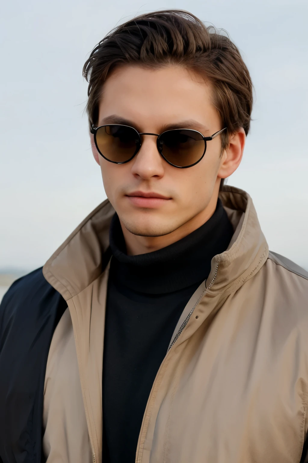 male, good looking, oval face shape with black sunglasses wearing black long collar jacket