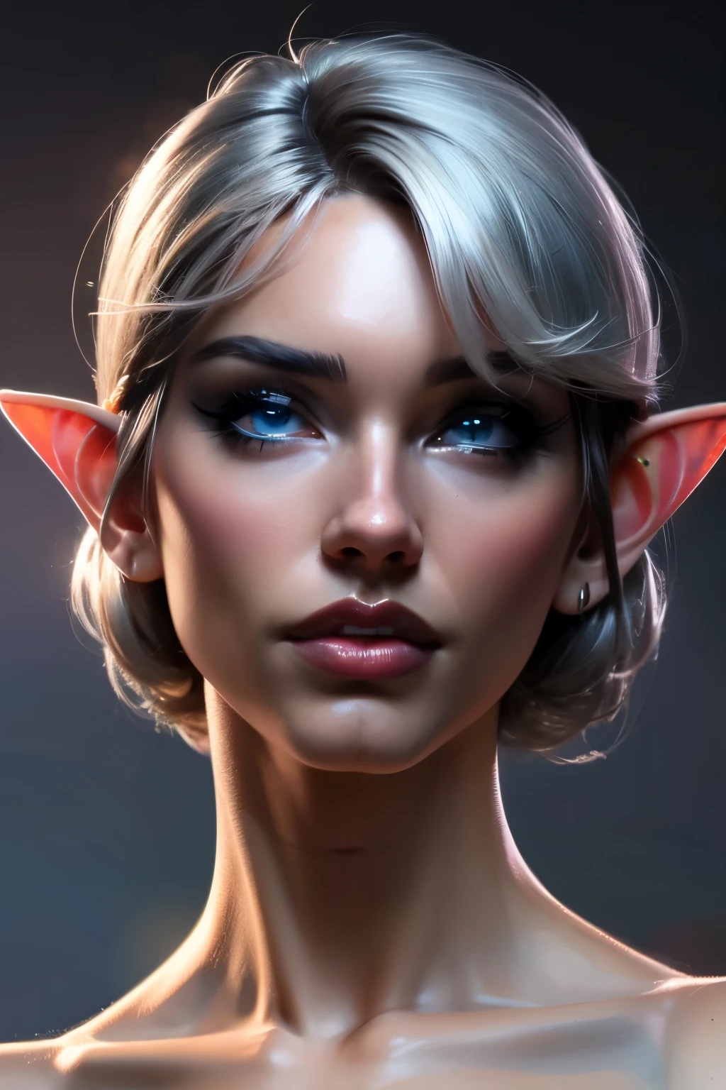 beautiful portait of nigth elf female in her 20s with fit body , perfect face feature , (blunt bob short hair), (silver hair color), (blue eyes color), thick kissable lips , thin nose ,pointy ears,