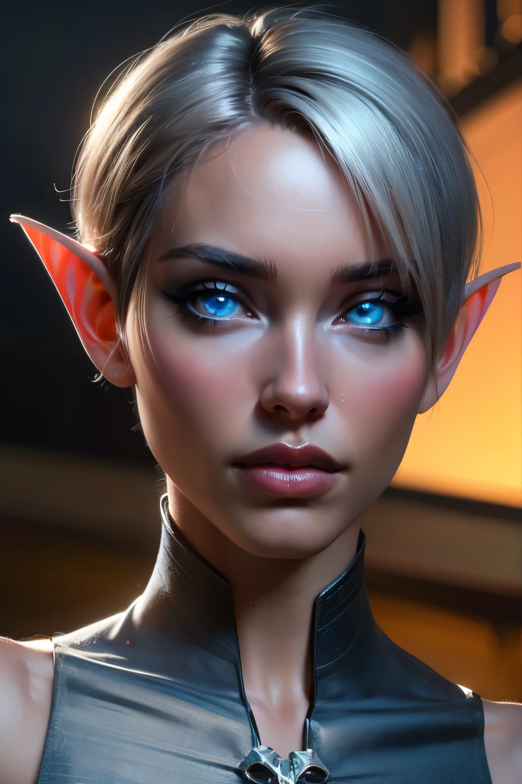 beautiful portait of nigth elf female in her 20s with fit body , perfect face feature , (blunt bob short hair), (silver hair color), (blue eyes color), thick kissable lips , thin nose ,pointy ears,