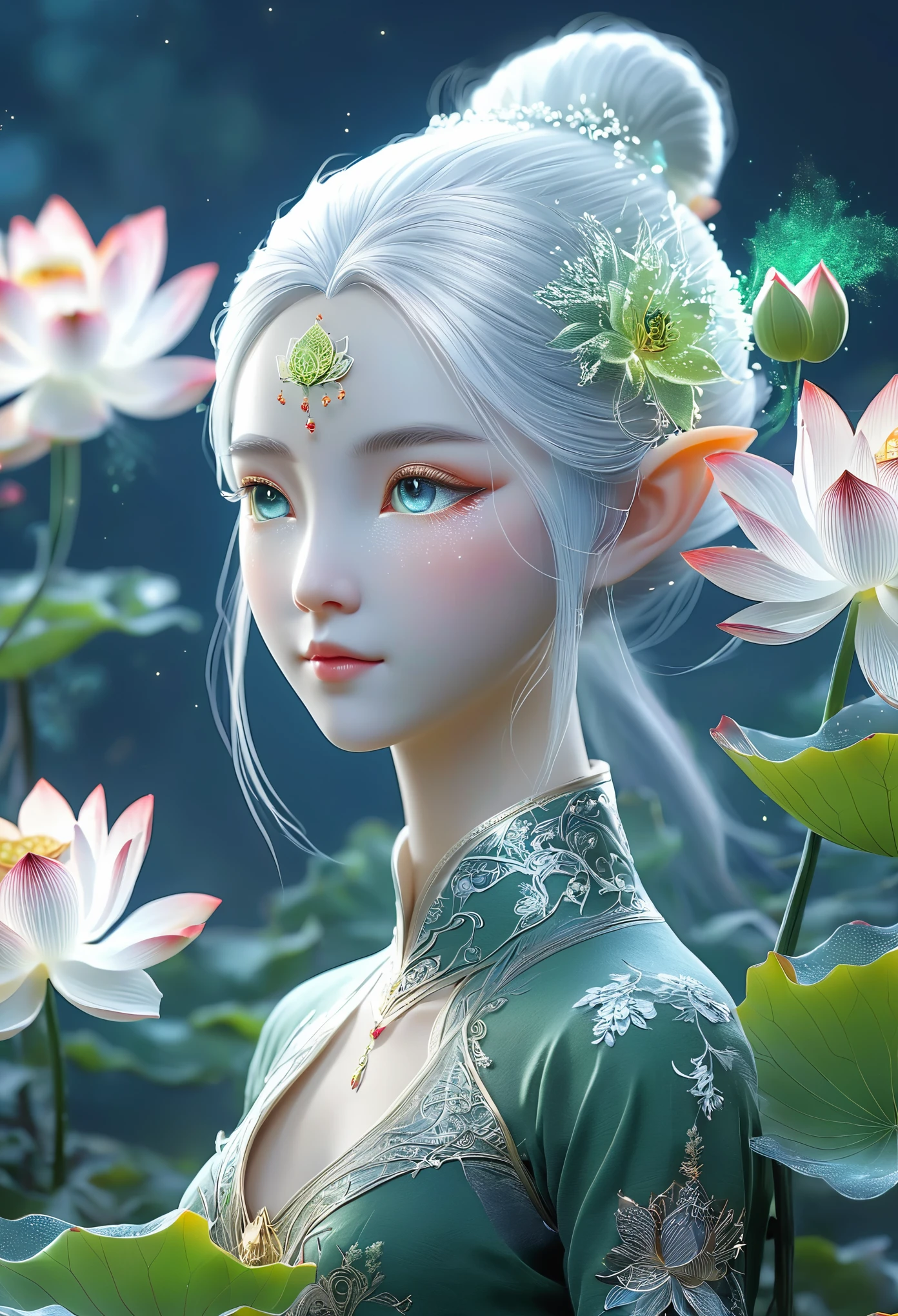 (best quality,4K,8K,High resolution,masterpiece:1.2), super detailed, (actual,lifelike,lifelike的:1.37),perfect job，（（（Beautiful magic elf， white hair，）））。lotus，Frost，transparent。，high dynamic range，ultra high definition，Light，Super beautiful painting，sharp focus，Physically based rendering，extremely detailed description，main，Vibrant colorlur background。 Art style：portrait，fantasy，magical creatures，Cool colors，Ethereal atmosphere。身体发Light，发Light的线条，荧Light,发Light例子，Example tracking，闪Light，萤Light粒子，逆Light，透Light，Light粒子
