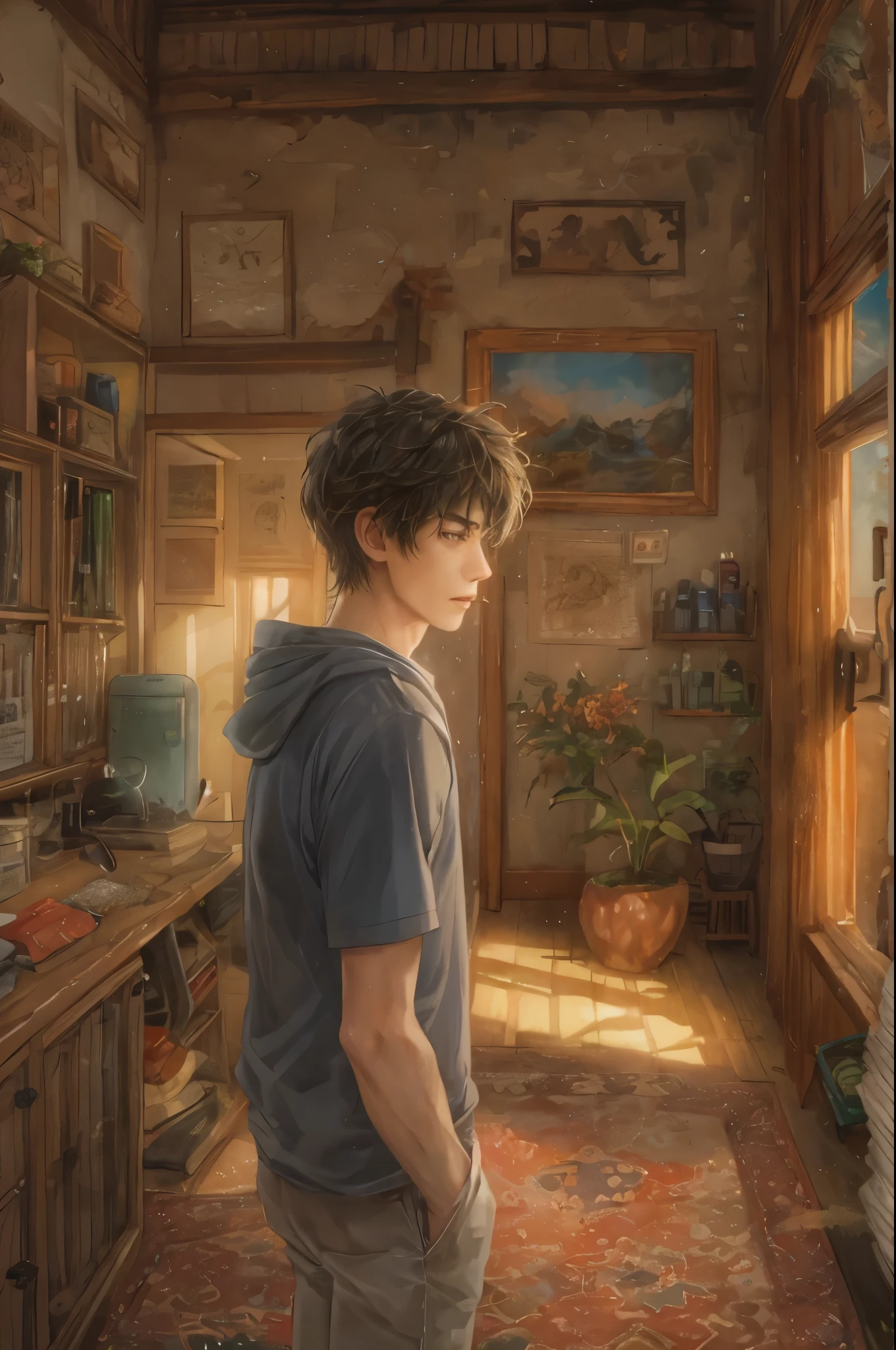 (absurdres, highres, ultra detailed, HDR), masterpiece, best quality, solo focus, teen boy , handsome, perfect face, short hair inside a ghibli style room background