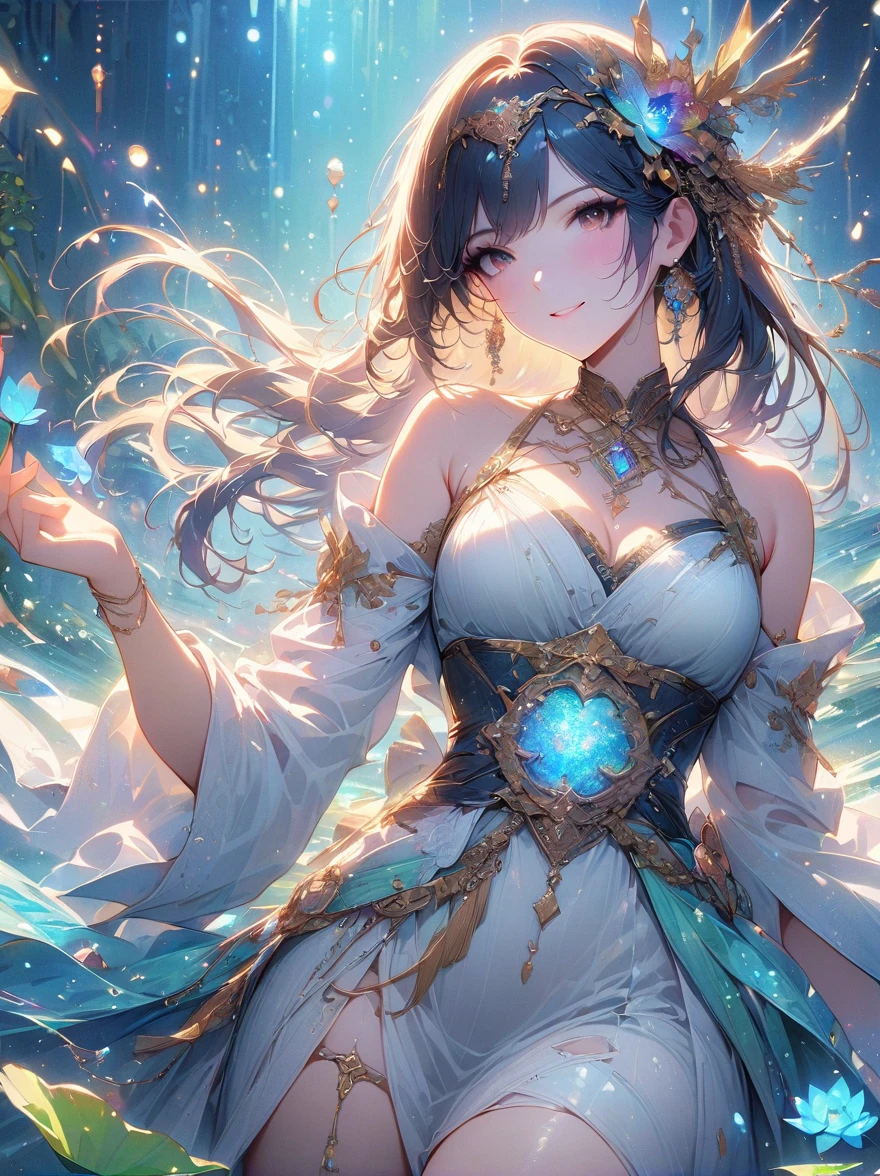 top quality，masterpiece：1.2，detailed details，Flashing Hanfu Girl，beautiful young goddess，smile softly，She clasped her hands together，Pray and meditate，She is wearing a white dress，Stars twinkling in the blue night sky，you sit on a lotus，In a fantastic atmosphere，Feel as if you are one with the universe，Realistic，Neon lights，(Liquid light background)，(cowboy shot:1.9)，(UHD, masterpiece, ccurate, anatomically correct, textured skin, super detail, high details, award winning, best quality, 8k)