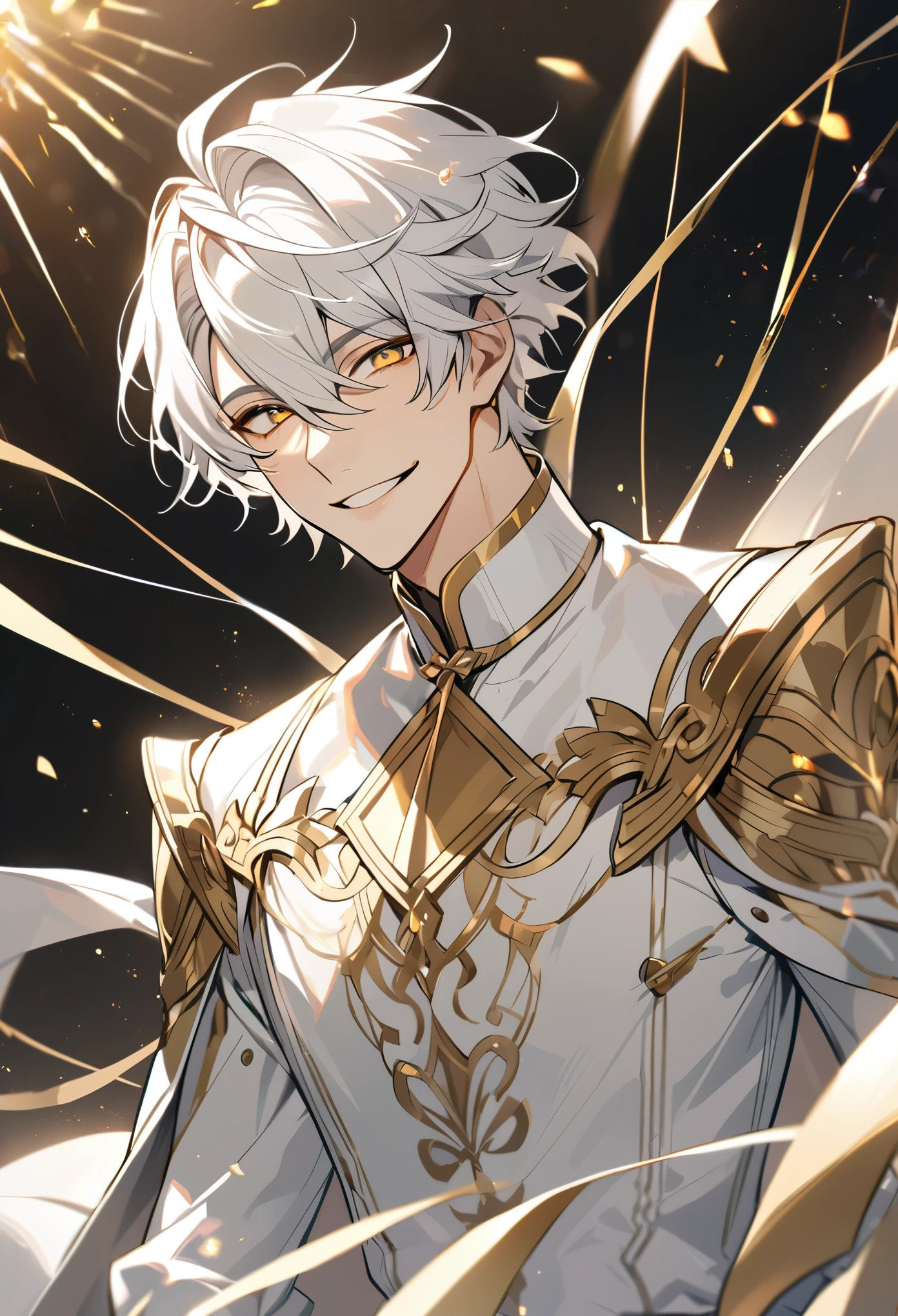 Handsome, solo, 1 male, short hair, gold eyes, white hair, white clothes, smile facial