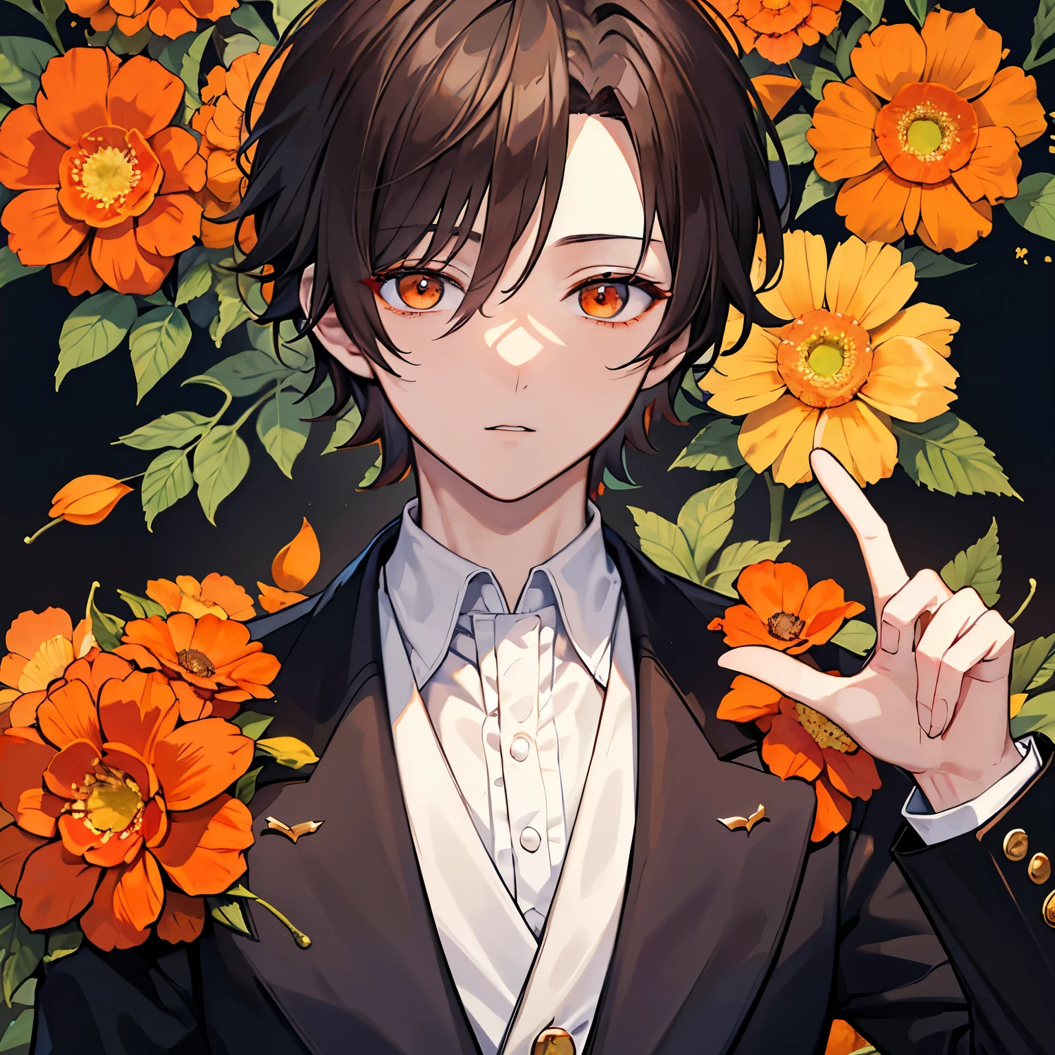 （masterpiece、４K、detailed）A handsome prince dressed in a royal suit、（dark brown hair、short hair、one eye is hidden、Alone、close up of face、Upper body、looking at the camera、pale orange eyes、cool）The background is filled with orange flowers