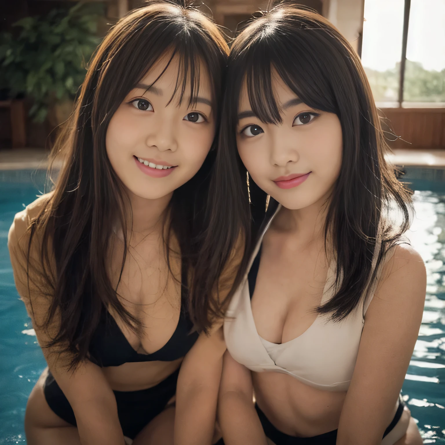Two Asian girls in swimsuits posing for a photo, Two Japanese female students posing, japanese school swimsuit, two beautiful anime girls, canon eoa 6 d mark iiで撮影, wearing Japanese , two girls, Photographed with Nikon Z9, Photographed with Canon 5D MK4, young gravure idol, canon eos 5 d mark ivで撮影