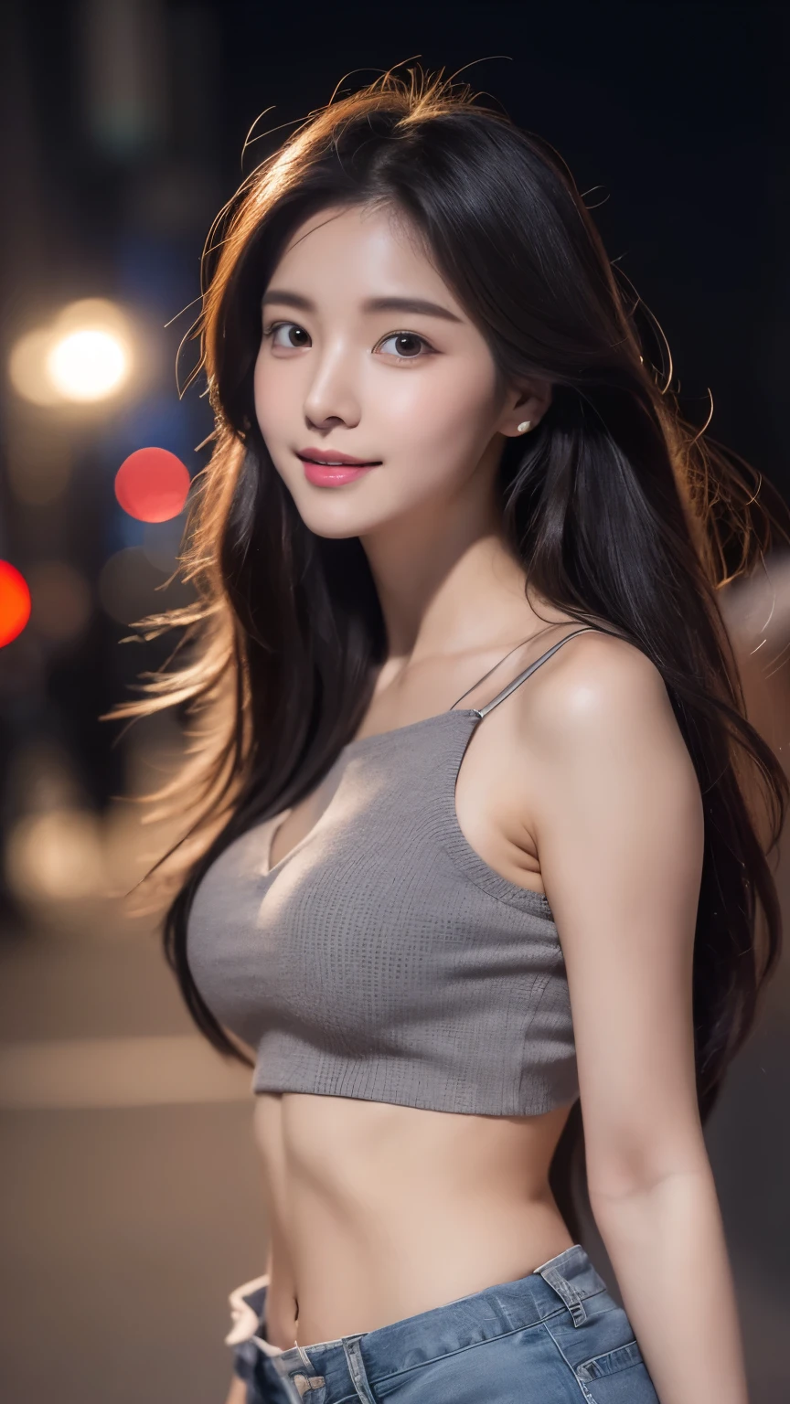 Realistic photos of (1 cute Korean star) antenna hair thin makeup, slightly smile, 32 inch breasts size,wearing gray crop top, shorts, walking around the city, night, close-up portrait, UHD