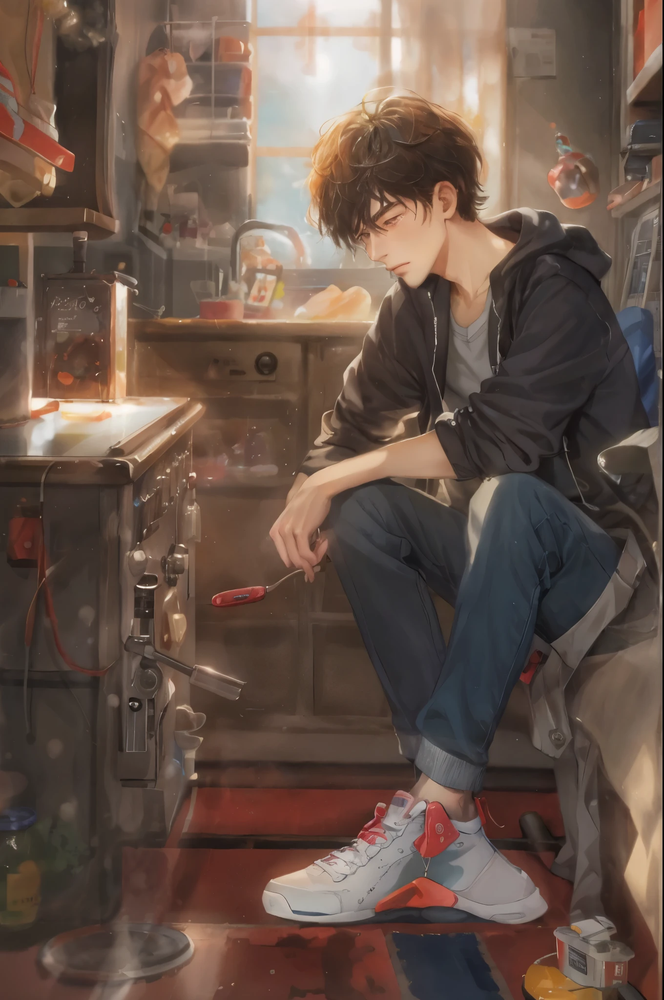 (absurdres, highres, ultra detailed, HDR), masterpiece, best quality, solo focus,  boy from pixiv, handsome, perfect face, short hair inside a ghibli style room background 