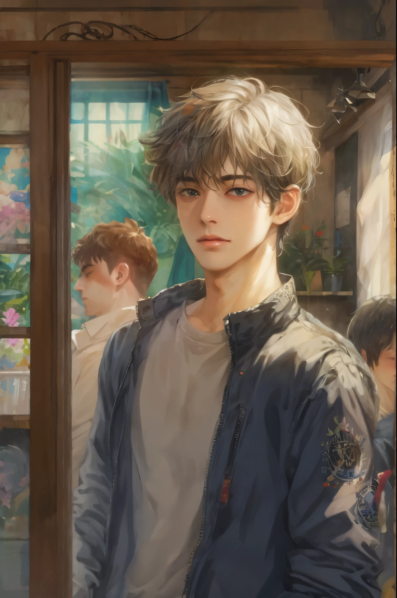 (absurdres, highres, ultra detailed, HDR), masterpiece, best quality, solo focus, teen boy from pixiv, handsome, perfect face, short hair inside a ghibli style room background 