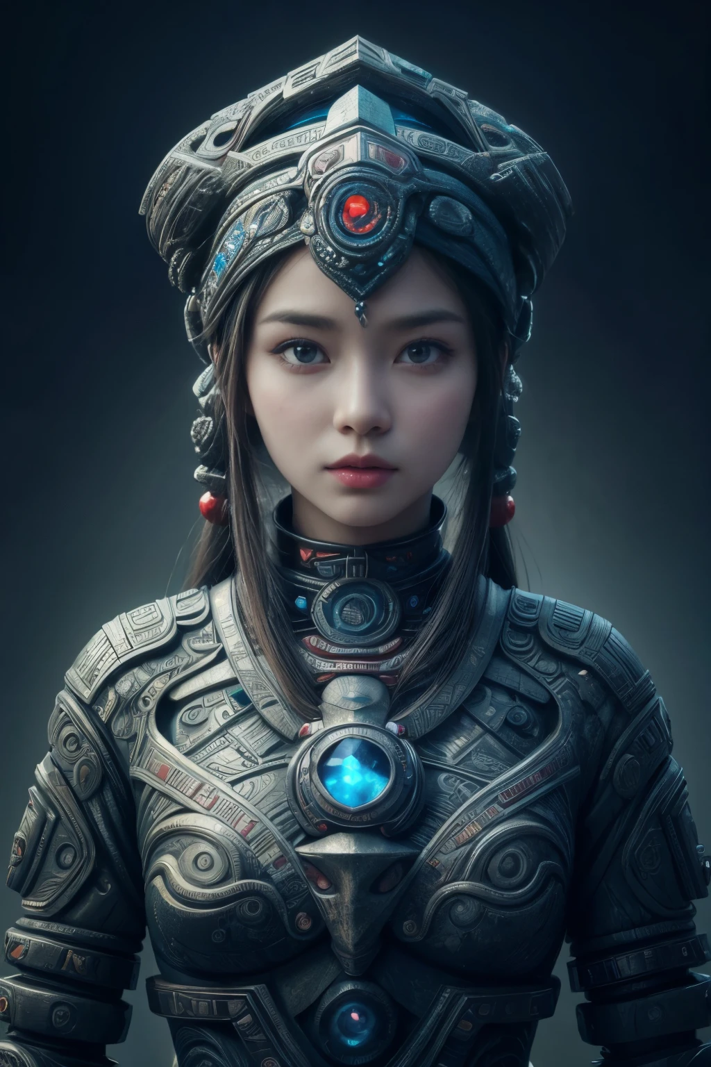 (high quality), (masterpiece), (detailed), 8K, Hyper-realistic portrayal of a futuristic (1girl1.2), Japanese character surrounded by ancient totemic elements in a stone-carved environment. Meticulous details capture the seamless blend of tradition and innovation in this visually stunning composition. Trending on Artstation.