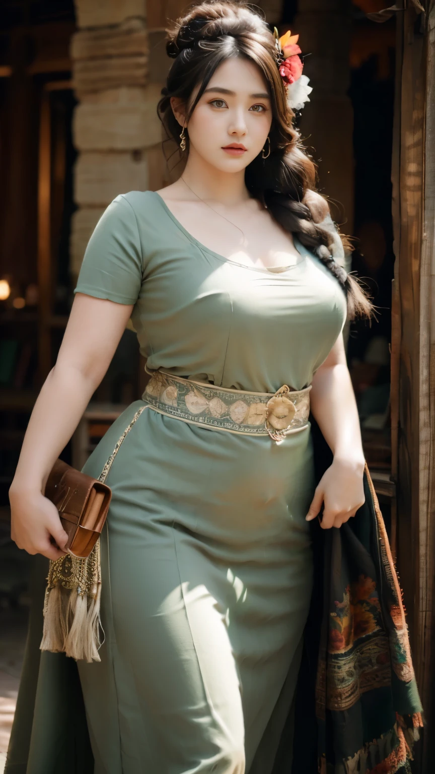 1girl, huge breast, black hair, green eyes,high quality, ultra detailed, masterpiece, realistic, gamis clothes,braid,standing, slightly fat arms , slightly fat belly 