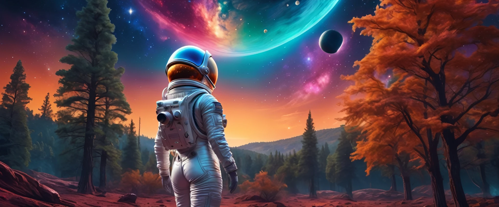 (realistic digital drawing), astronaut, fitted outfit, woman takes off her helmet, stands on an alien planet, background of an alien forested planet that seems habitable, stars, colorful galaxies, 2 moons, view in the night sky. film grain, depth of field, dynamism, hdr, 8k, uhd, immersive background