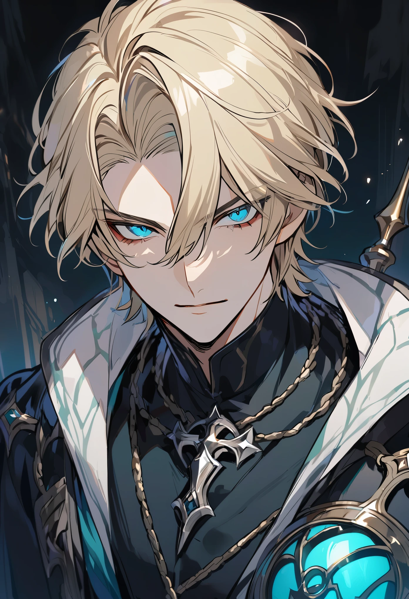 Handsome, solo, 1 male, short hair, turquoise eyes, blond hair, dark blue clothes, necromancer