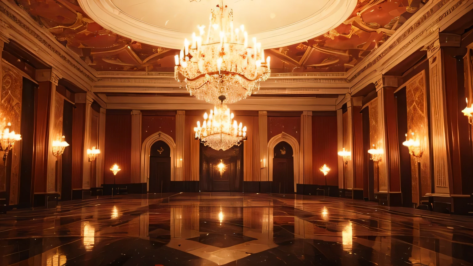 “(best quality, high resolution: 1.2), vintage, Italian mafia themed luxury ballroom, expensive decorations everywhere, money flowing like water, no one in sight, gunshots echoing in the air, fire engulfing the hall, bombs detonating, chaos and destruction, bright colors, bokeh, rich color tones, dramatic lighting with large chandeliers, gold, shine and bright ambiance with contrast with red, blood on the floor, bombs”