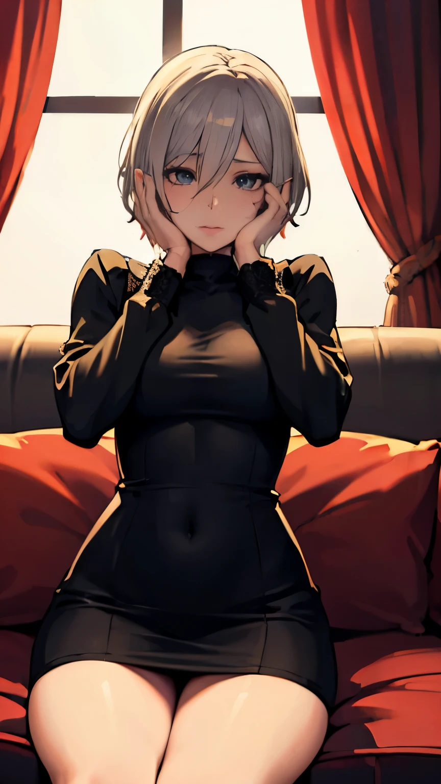 Anime girl in a black dress sitting on the sofa with her hands on her face, 2b, 2b, Tracer wearing a form-fitting dress, Highly rated on pixiv, Succubus in a tight short dress, (software) safe for work, Widowed ex-lover, Hi-res fee, by Shingei, Cell - Shaded Art Style
