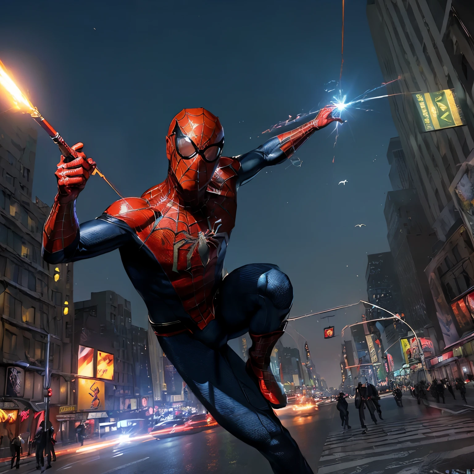 ((Top-quality animation:1.5)), ((Masterpiece:1.2)), ((Realistic:1.3)), (Detailed:1.4), (Photorealistic:1.4), Spiderman: No Way Home, comic book, superhero, dynamic poses, intense action scenes, Swinging through New York City, (Web-slinging:1.4), Shiny black and red spandex suit, Luminescent particles:1.3), (Web-shooters:1.3), (Glasses:1.4), (Haunted by past enemies:1.3), Dramatic lighting, HDR, Ray tracing, NVIDIA