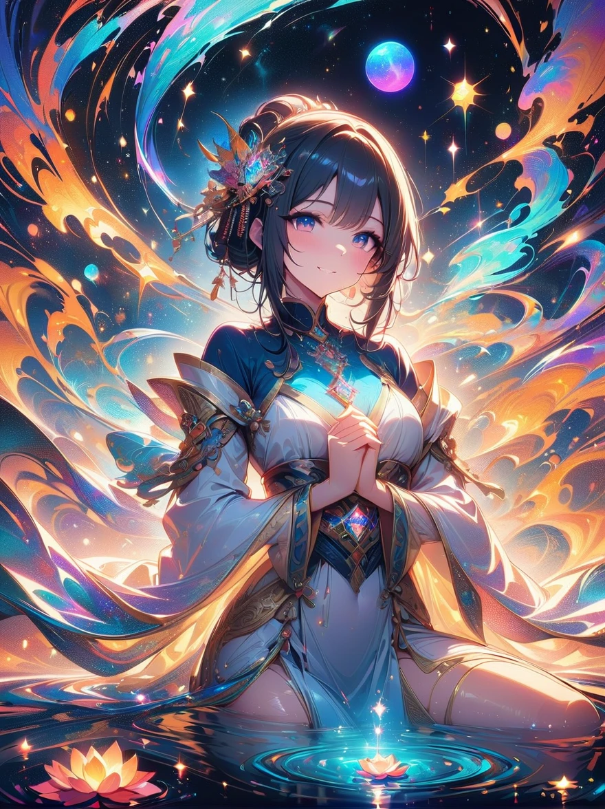 top quality,masterpiece:1.2,detailed details,Flashing Hanfu girl,beautiful young goddess,smile softly,She clasped her hands together,Prayer and meditation,She is wearing a white dress,Stars twinkling in the blue night sky,you sit on a lotus,In a fantastic atmosphere,Feel as if you are one with the universe,actual,neon lights,(Liquid light background),(Cowboy shooting:1.9),(ultra high definition, masterpiece, precise, anatomically correct, textured skin, Super details, high detail, Award-winning, best quality, 8K)
