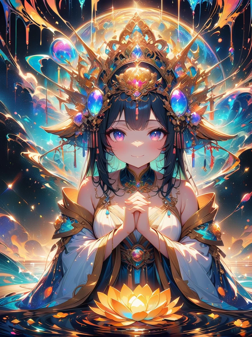 top quality，masterpiece：1.2，detailed details，Flashing Hanfu girl，beautiful young goddess，smile softly，She clasped her hands together，Prayer and meditation，She is wearing a white dress，Stars twinkling in the blue night sky，you sit on a lotus，In a fantastic atmosphere，Feel as if you are one with the universe，actual，neon lights，(Liquid light background)，(Cowboy shooting:1.9)，(ultra high definition, masterpiece, precise, anatomically correct, textured skin, Super details, high detail, Award-winning, best quality, 8K)