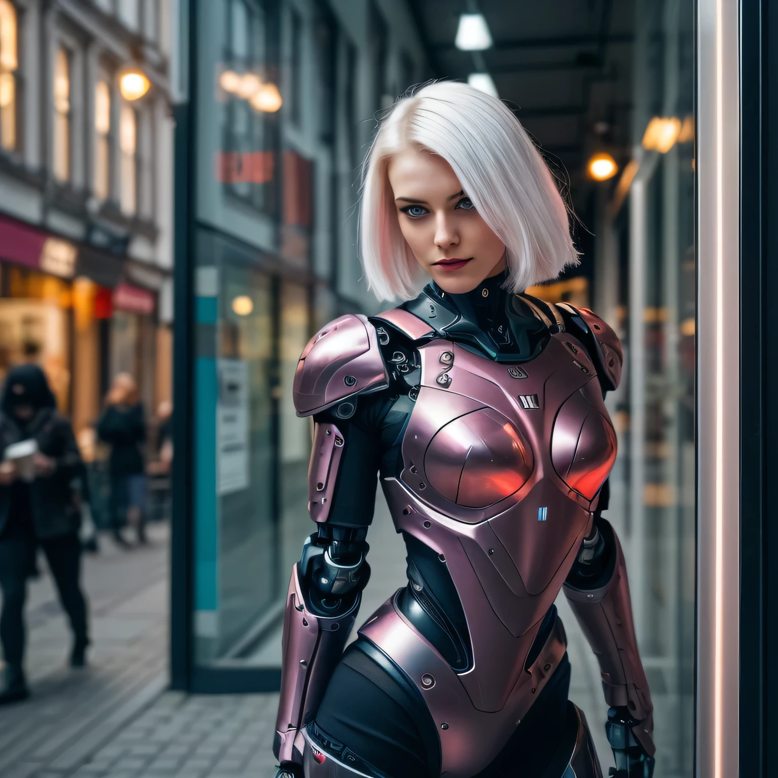 Ultra pretty cyborg girl, perfect android girl, beautiful robot character design, (streamlined pink armor), white hair, Spiegelreflexbeleuchtung, SLR camera, Ultra quality, Sharpness, depth of field, Filmkorn (Center), Fujifilm XT3, Kristallklar, Rahmenmitte, Pretty face, scharfer Fokus, Full body image, dynamische pose, realistisch,Create an image of a beautiful cyborg woman with a human head and a mechanized body, die in einer entspannten Pose an einem schaufenster in einer altstadt, der weg besteht aus Pflastersteine, Street lights illuminate the alley, Die Cyborg-Frau betrachtet die Szenerie mit bewunderndem Blick, the sky is slightly cloudy, Cyborg girl leans against a shop window, Bakery in the shop window,cyborg girl with seductive smile,