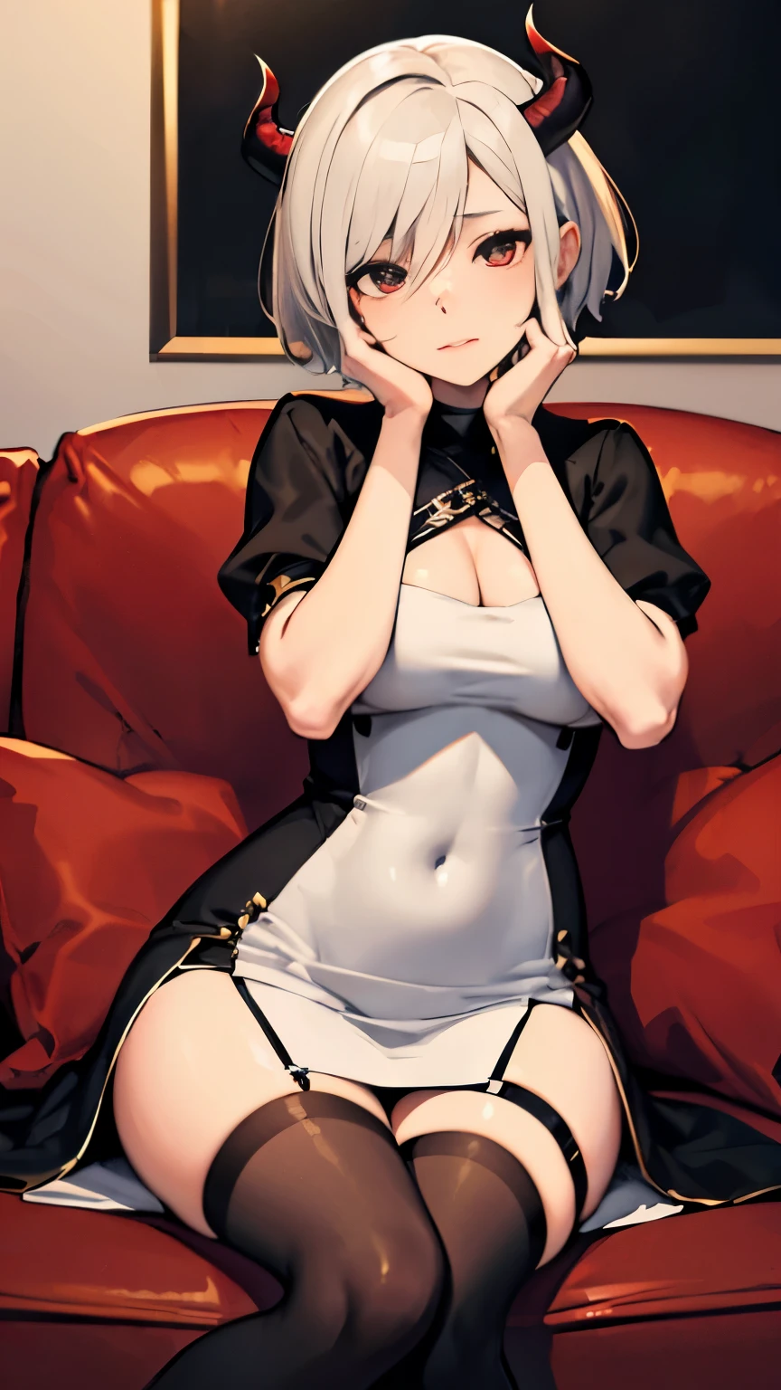 Anime girl in a black dress sitting on the sofa with her hands on her face, 2b, 2b, Tracer wearing a form-fitting dress, Highly rated on pixiv, Succubus in a tight short dress, (software) safe for work, Widowed ex-lover, Hi-res fee, by Shingei, Cell - Shaded Art Style