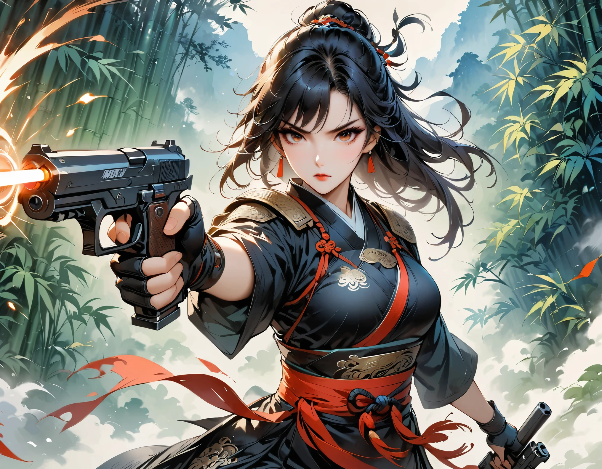 (masterpiece, best quality:1.2), Chinese dragon：1.37，1 girl，two-dimensional， metal jewelry,armor， Serious expression, attack action, eyes cold, Clothing black and white ink style, martial arts style, sash, keen vision，black theme，Dual-wielding pistol，aim at you，emit laser，bamboo forest