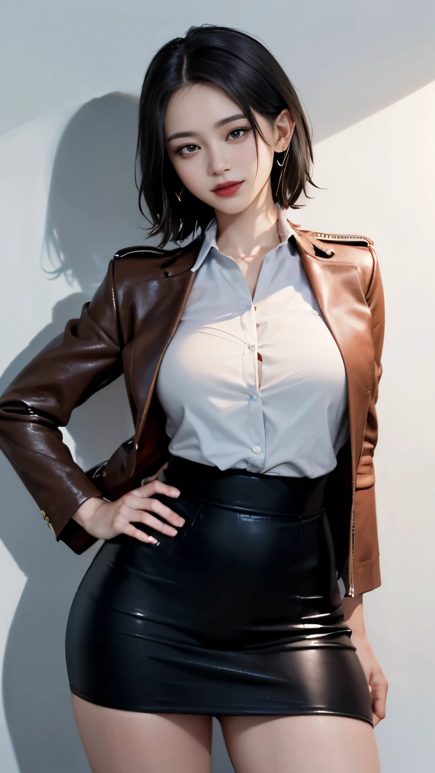 cinematic lighting、(Soft light illumination、key light:Front diagonal 45 degrees, fill light、Backlight、Shadow、blue and orange color palette light), accurate human body、knowledgeable person、Correct five-finger、
(((oil skin,glowing skin、realistic skin texture、Fine and beautiful skin、shiny skin、shiny skin)))、mature woman, Beautiful woman、big breasts、(full shot, long hair), (red makeup、pink glossy lipstick)、long shot, Beautiful depiction、knowledgeable person、detailed background、quality people、high quality face、Ultra-high-definition animation、(beautiful black hair:1.8)、earrings、clavicle、, detailed background、 long eyelashes, (big breasts:1.1, seductive thighs), beautiful breasts, 細くbeautiful thighs, 細くbeautiful feet, (), (beautiful scenery), written boundary depth, night, (wink, cute smile, open your mouth), (short hair:1.5, pixie cut:1.4), beautiful body, beautiful breasts, beautiful thighs, beautiful feet, beautiful fingers, ((Black Business Jacket, Clothes nearby, white collared shirt, black tight skirt)), (beautiful scenery), evening, (Interrogation room、Police Department内、Office、police officer、Police Department), Are standing, (cute smile, upper grade)