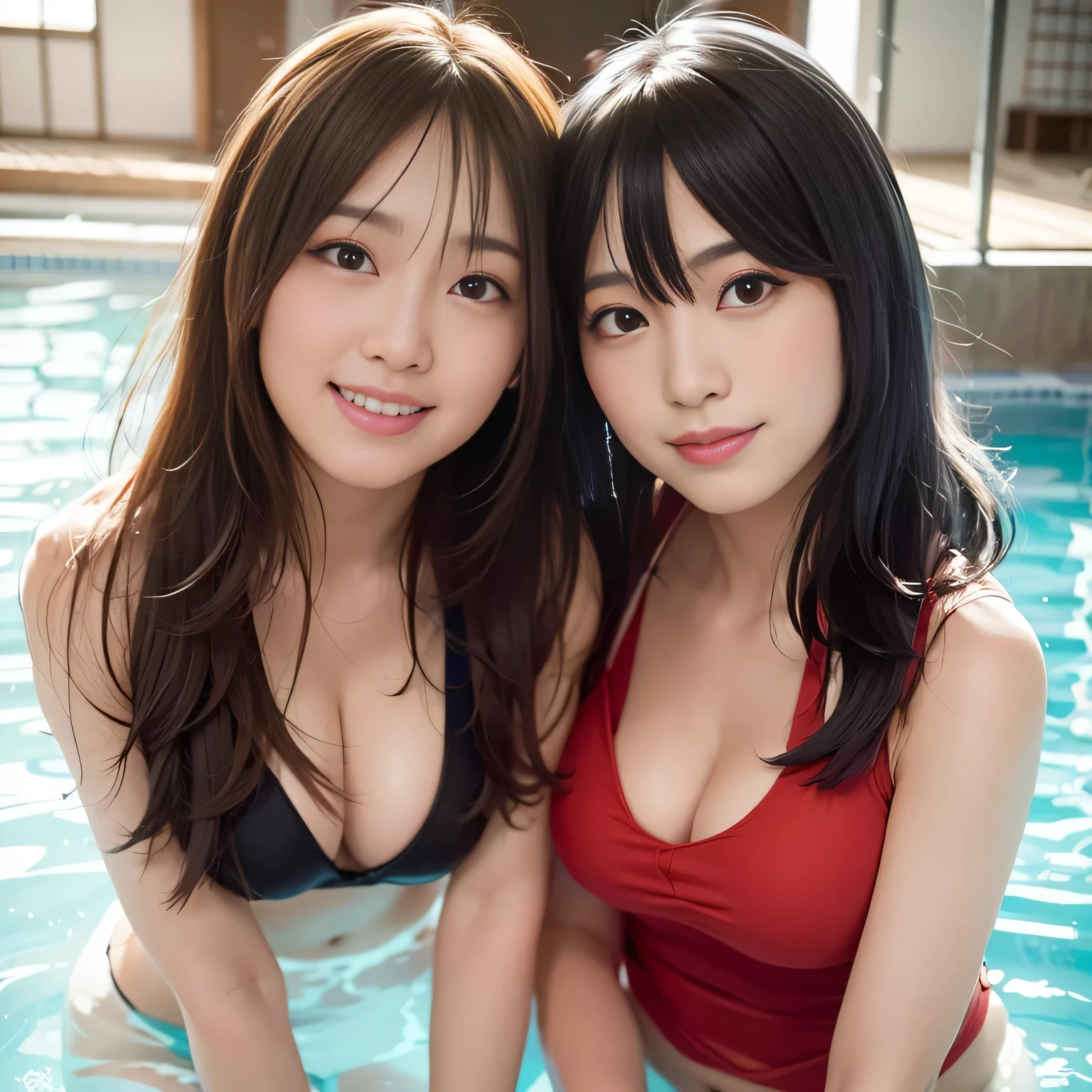 Two Asian women in bikinis sitting in a pool with large windows, Two Japanese female students posing, young gravure idol, Ayami Kojima and Ride Caldwell, Young beautiful girl gravure idol, realistic young gravure idol, young sensual gravure idol, young slender gravure idol, two girls, yoshitomo nara and aya takano, twins