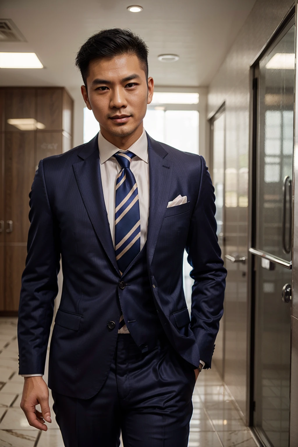 40ys asian horny handsome high fade hair guy in shiny stripes sharp suit with silk tie