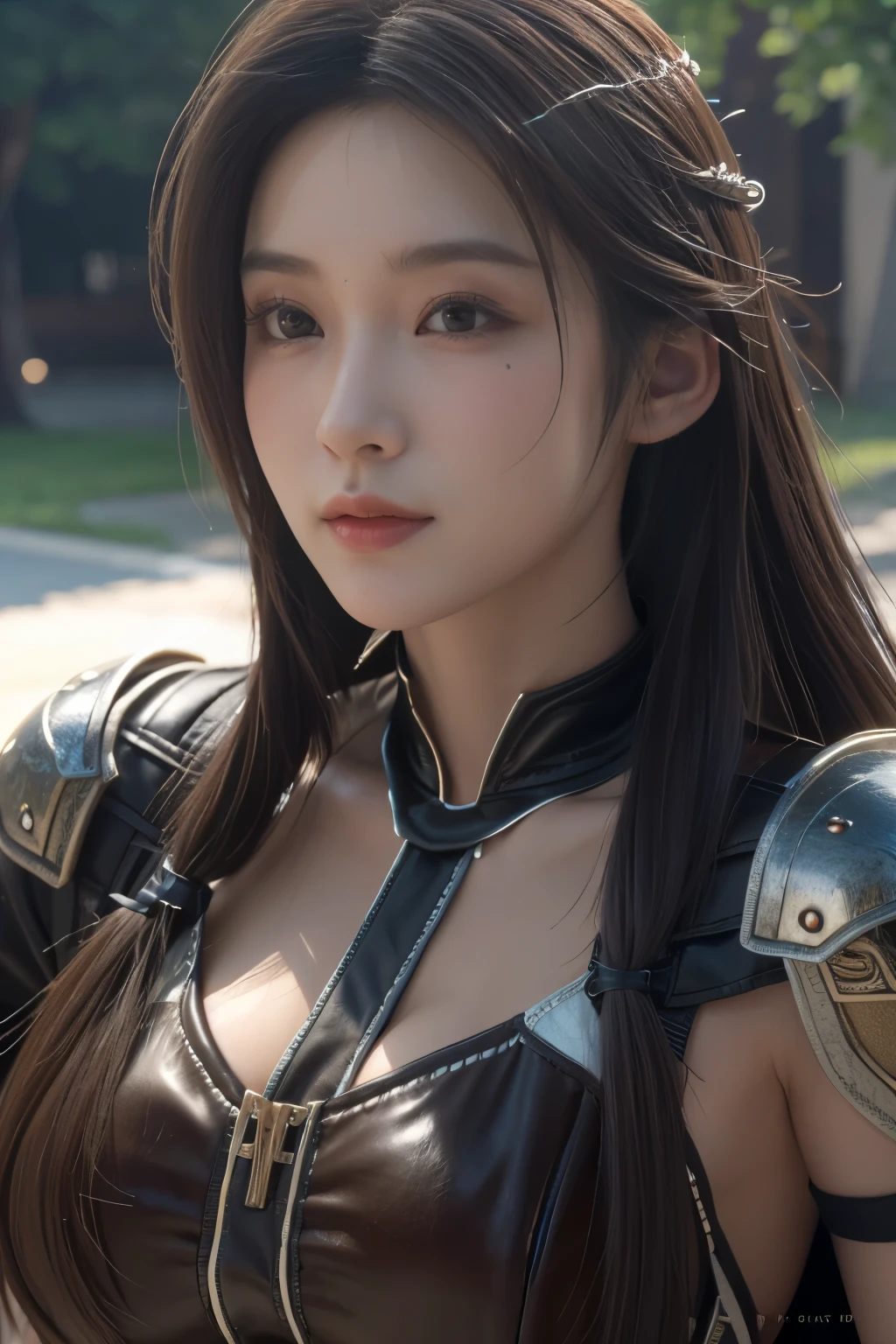 Game art，The best picture quality，Highest resolution，8K，(A bust photograph)，(Portrait)，(Head close-up)，(Rule of thirds)，Unreal Engine 5 rendering works， (The Girl of the Future)，(Female Warrior)， 
20-year-old girl，((Hunter))，An eye rich in detail，(Big breasts)，Elegant and noble，indifferent，brave，
（Medieval-style fur combat clothing，Glowing magic lines，Animal skin clothing with rich details），Medieval Lady Knight，Medieval ranger，
photo poses，simple background，Movie lights，Ray tracing，Game CG，((3D Unreal Engine))，OC rendering reflection pattern