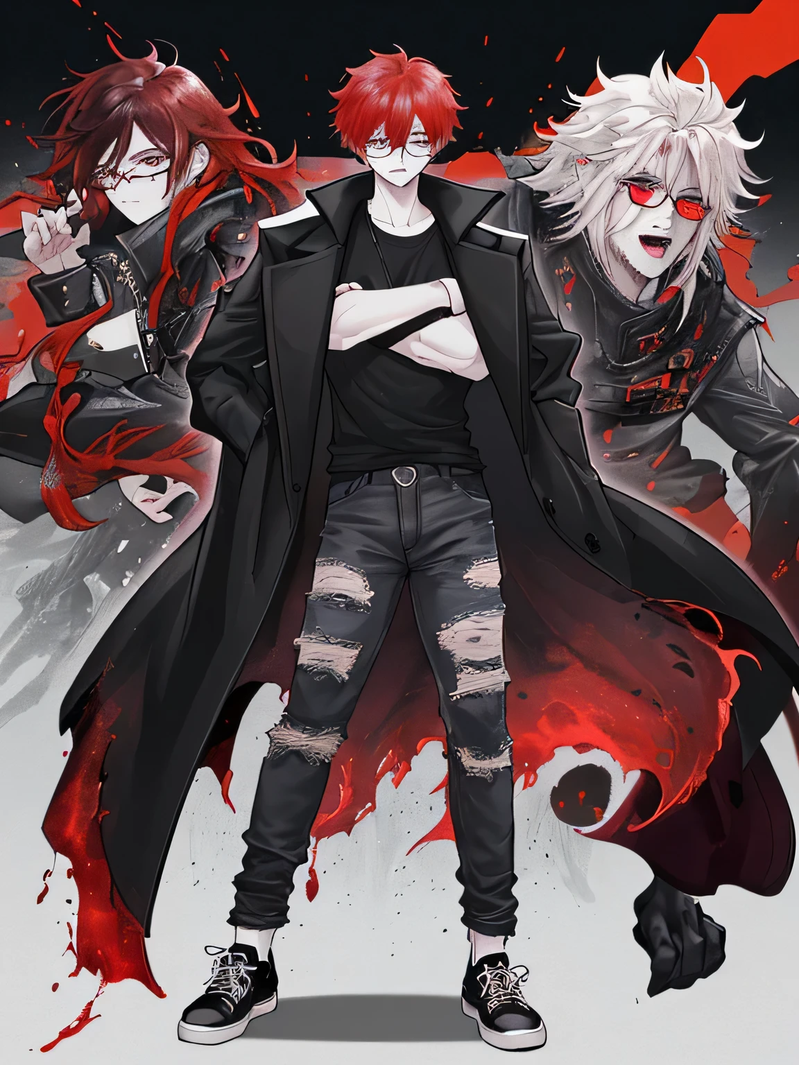 Handsome young man, white skin, reddish curly hair to the shoulder, big deep jaded eyes, wearing big black rim eyeglasses, wearing oversize black coat with big print at front, wearing ripped jeans pant, sneaker shoes, fighting with the monster.