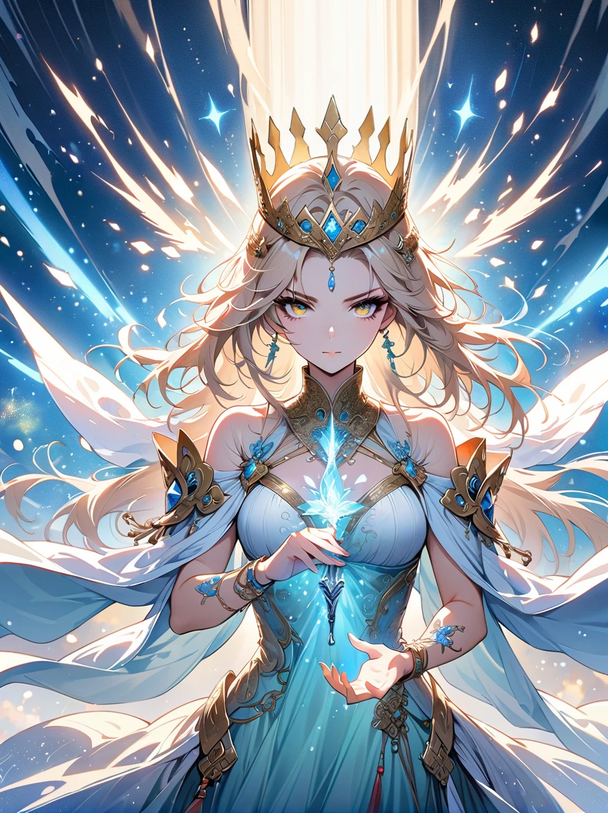 (masterpiece, best quality, Super detailed 8K Cg Unity wallpaper), Portrait of Luminous Goddess, (The body exudes brilliant light:1.5), ethereal existence, (Silk dress with ultra-detailed metallic pattern, full body view), Sparkling crystal jewelry, (sharp eyeliner, delicate eyes:1.1, platinum blonde), (crown:1.3, stunning luxury), Universe Background , (Powerful sunlight illuminates her position), (Magical lighting effects), Holding the scepter of light gracefully, (Divine light reigns:1.3), Stunning visual effects, dramatic lighting, Chinese ink painting,Xu Beihong