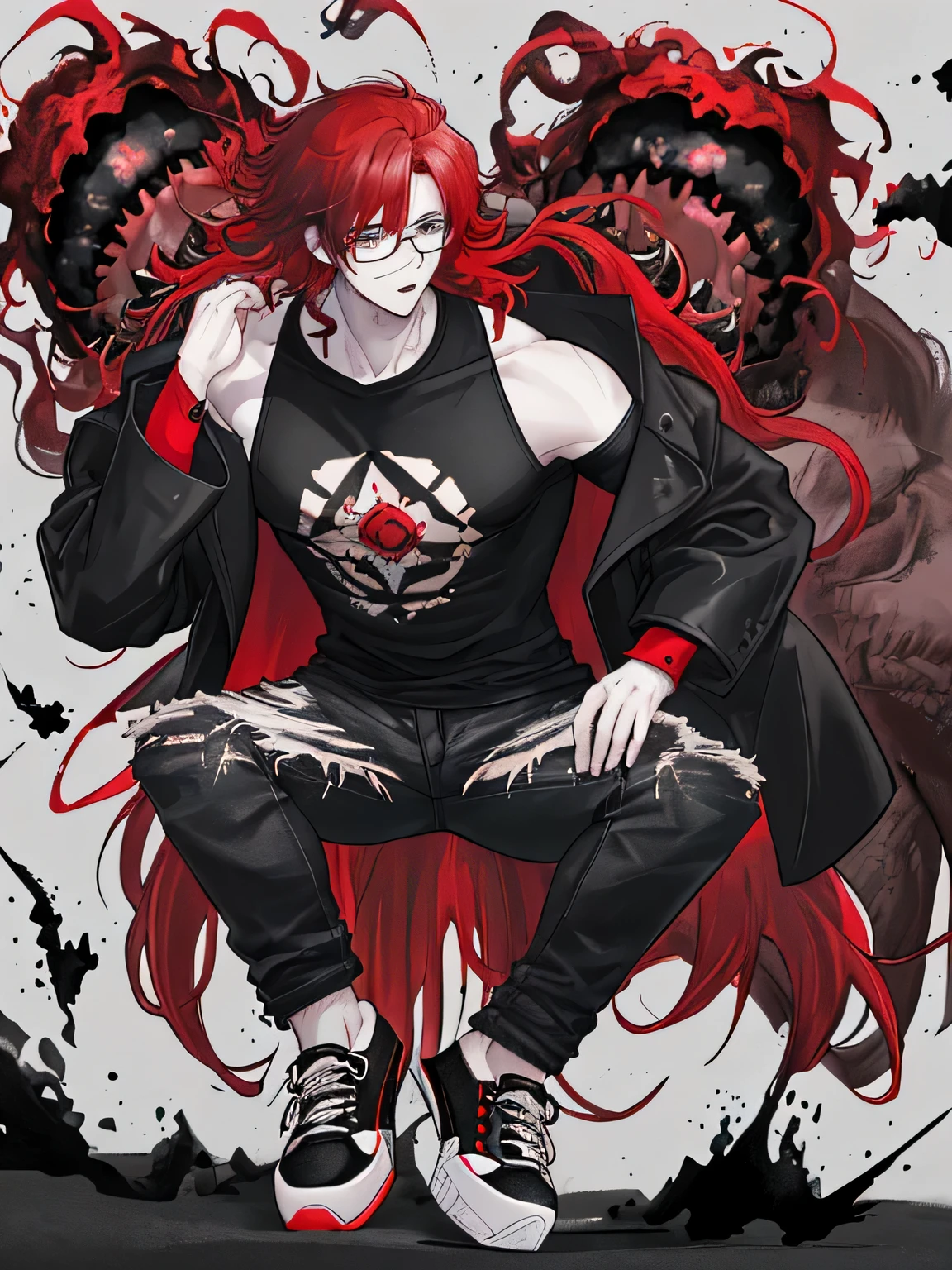 Handsome young man, white skin, reddish curly hair to the shoulder, big deep jaded eyes, wearing big black rim eyeglasses, wearing oversize black coat with big print at front, wearing ripped jeans pant, sneaker shoes, fighting with the monster.