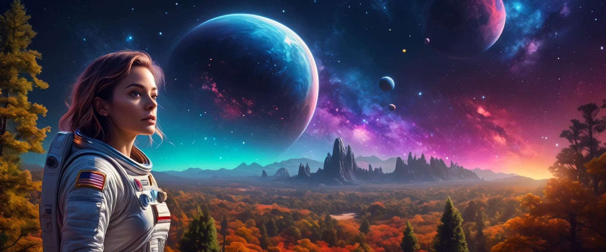 (realistic digital drawing), woman, astronaut, fitted outfit, without helmet, stands on an alien planet, background of an alien forested planet that seems habitable, stars, colorful galaxies, 2 moons, view in the night sky. film grain, depth of field, dynamism, hdr, 8k, uhd, immersive background