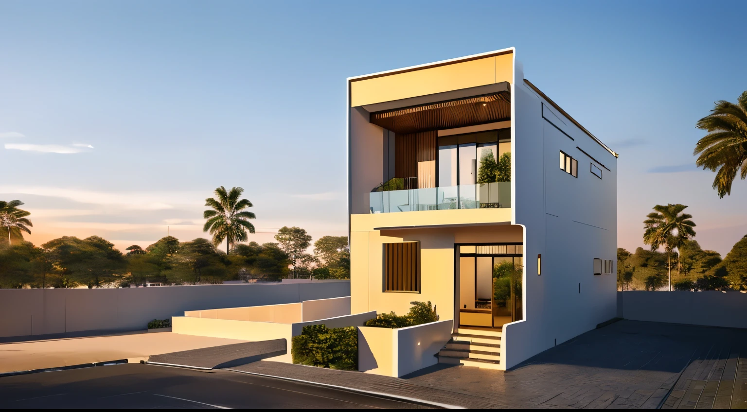 (best quality,4k,8k,highres,masterpiece:1.2),ultra-detailed,(realistic,photorealistic,photo-realistic:1.37), Exterior, modern house, sunset, vivid colors, HDR, professional, sharp focus, physically-based rendering, bokeh, studio lighting, beautiful detailed windows, extraordinary architectural design, luxurious entrance, spacious outdoor area, elegant landscaping, stylish color palette, breathtaking view, warm golden sunlight, serene atmosphere, majestic silhouette, peaceful neighborhood, cozy rooftop terrace, sophisticated glass facade, sleek lines, clean and minimalist aesthetic, harmonious blend of nature and modernity, high-end materials and craftsmanship, awe-inspiring contemporary architecture.