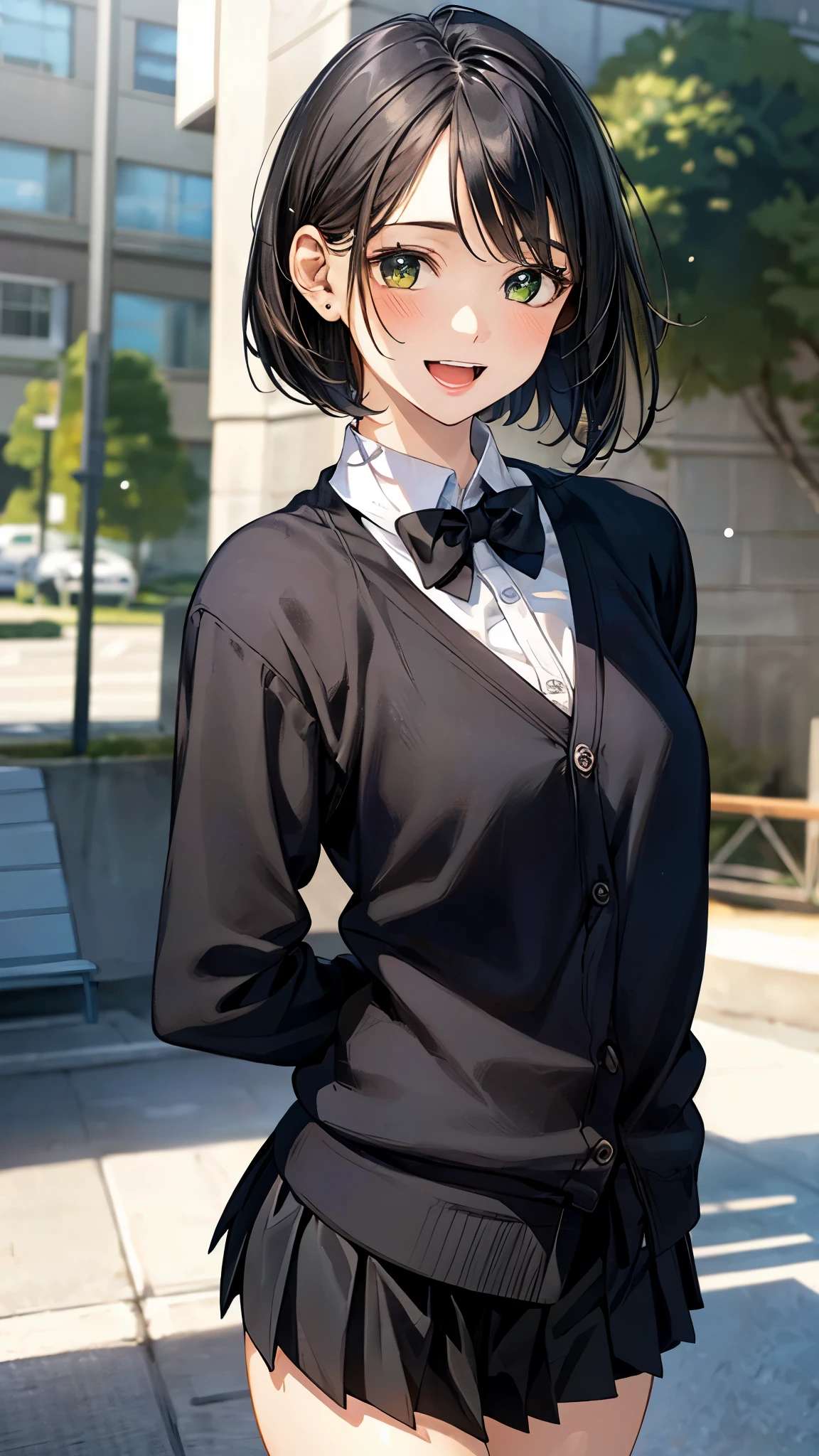 (masterpiece:1.2, top-quality), (realistic, photorealistic:1.4), beautiful illustration, (natural side lighting, movie lighting), , 
looking at viewer, 1 girl, , high school girl, perfect face, cute and symmetrical face, shiny skin, 
(short hair:1.5, long bob cut:1.1, black hair), (forehead), dark yellow green eyes, big eyes, drooping eyes, long eye lasher, (large breasts:0.8), slender, 
beautiful hair, beautiful face, beautiful detailed eyes, beautiful clavicle, beautiful body, beautiful chest, beautiful thigh, beautiful legs, beautiful fingers, 
((overly long sleeve black cardigan, white collared shirts, black pleated mini skirt), dark red bow tie), 
(beautiful scenery), morning, (outdoors), standing, (peace sign), (lovely smile, upper eyes, open mouth small),