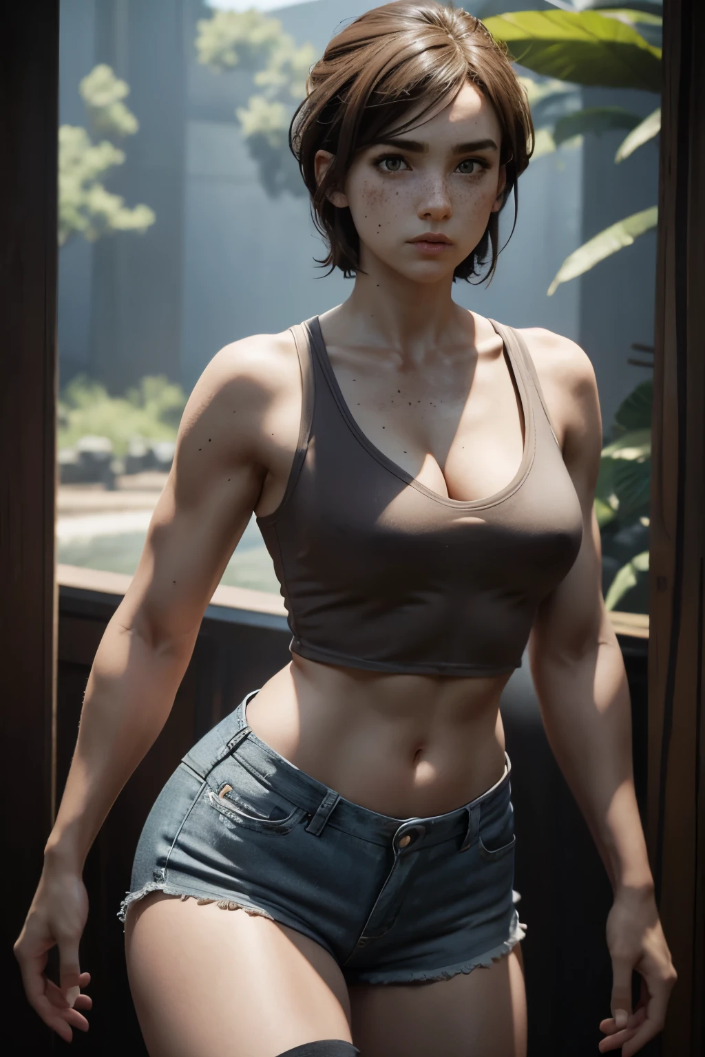 3d,armlet,athletic,athletic female,bodysuit,breasts,brown hair,cleavage,deep cleavage,female,female focus,female only,freckles,hourglass figure,makeup,navel,pinup,pinup pose,short hair,skimpy,skimpy clothes,slim waist,small breasts,son umbasa,standing,thigh boots,wide hips