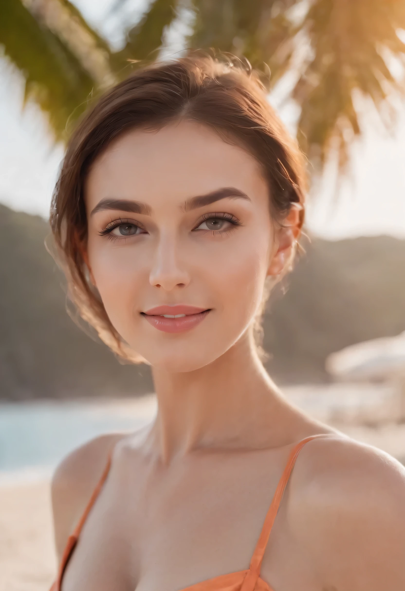 bandeau Bikini, cleavage visible, soft large breasts, smile, Ukrainian Beautiful model, tropical beach, 1 girl with a beautiful face, (Photo 4K:1.1) , (Sharp Focus:1.3), High Detail, Instagram Pattern Pose, confident, slim girl, big tits:1.3, perfect anatomy, perfect symmetry:1.3, perfect face, content, confident, very detailed, and dramatic, Lighting scene, bright lighting, short hair