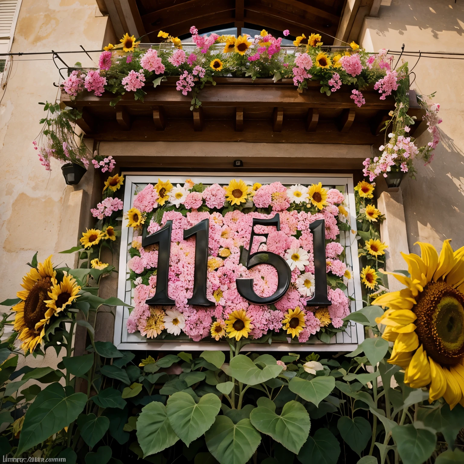 Number 56 decorated and surrounded by pink flowers and sunflowers.