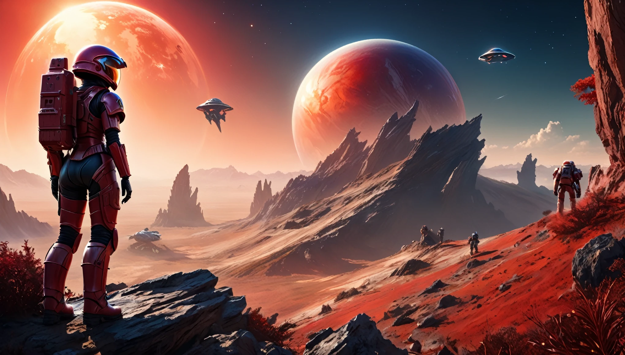 realistic digital drawing, young woman aged, body-fitting space military suit, helmet with visor, stands with her back to the viewer, one leg resting on a large stone, stands on a steep ridge and observes the beautiful view of an alien and wild planet, leads a unit of space marines,  they go to a crashed shuttle visible in the distance, alien planet, several strange trees, red sun, small lake, film grain, depth of field, hdr,