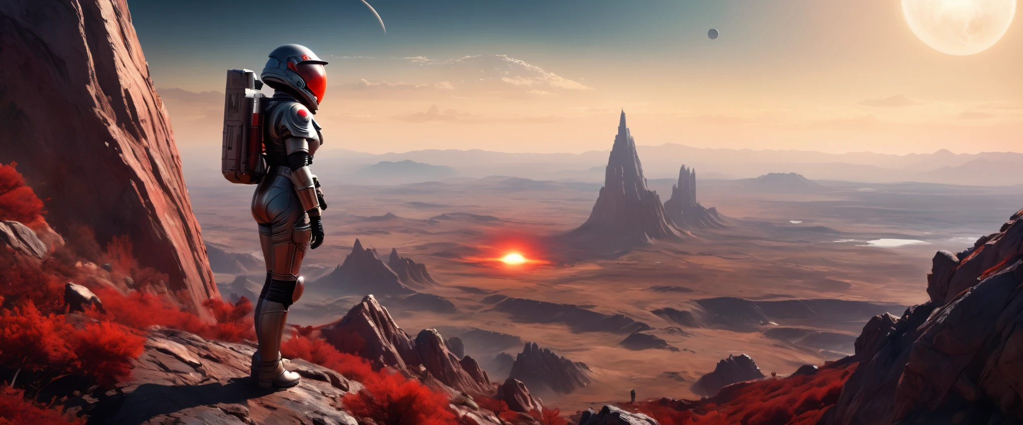 realistic digital drawing, young woman aged, body-fitting space military suit, helmet with visor, stands with her back to the viewer, one leg resting on a large stone, stands on a steep ridge and observes the beautiful view of an alien and wild planet, leads a unit of space marines,  they go to a crashed shuttle visible in the distance, alien planet, several strange trees, red sun, small lake, film grain, depth of field, hdr,
