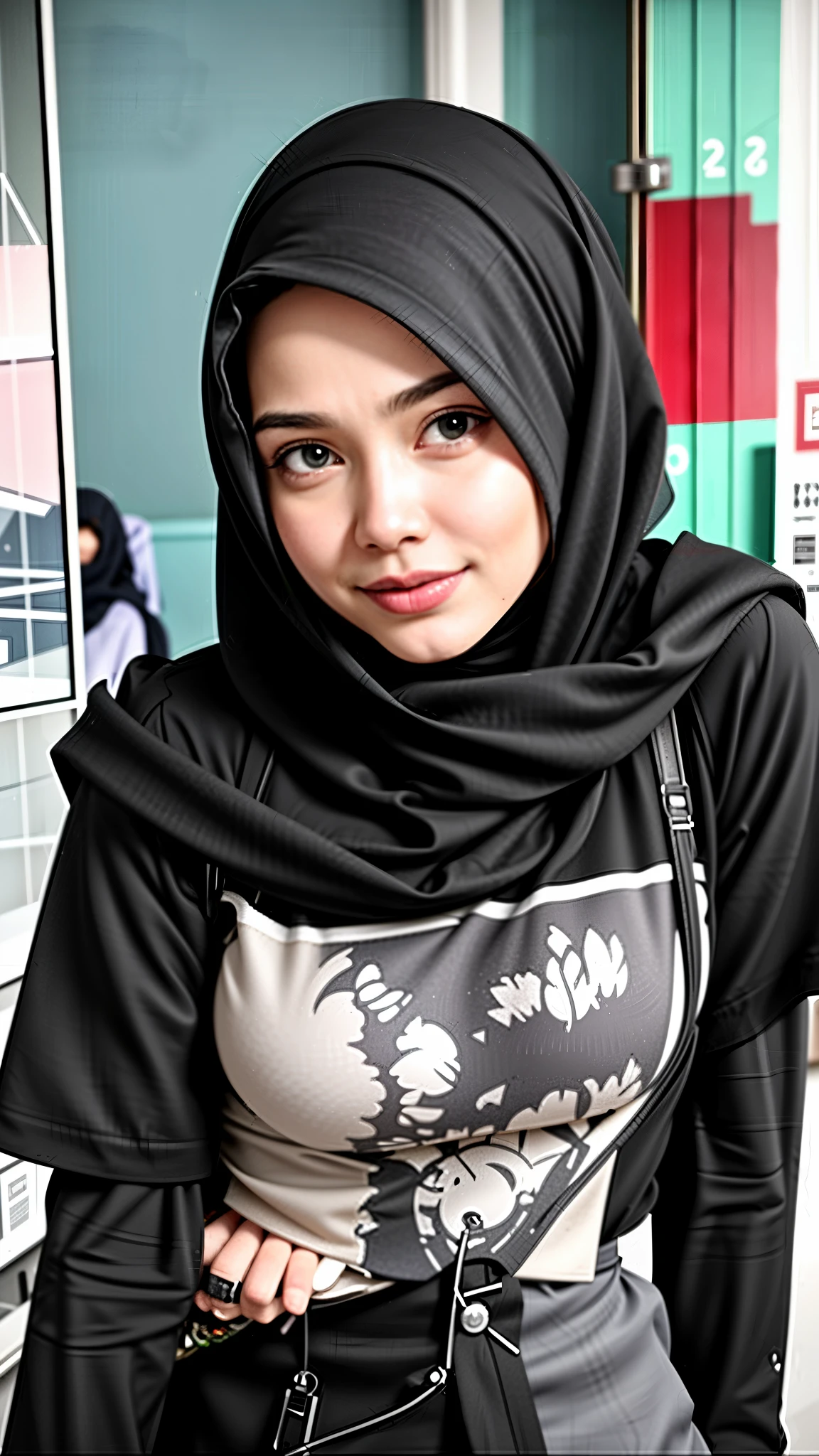 HIJAB MALAY GIRL,, IMF as a good Guy, TECHNOLGY, AI, futuristic, blockchain, International Monetary Fund, (MATRIX WORLD), ((look In front  at the camera CLOSED EYES and open your mouth)).