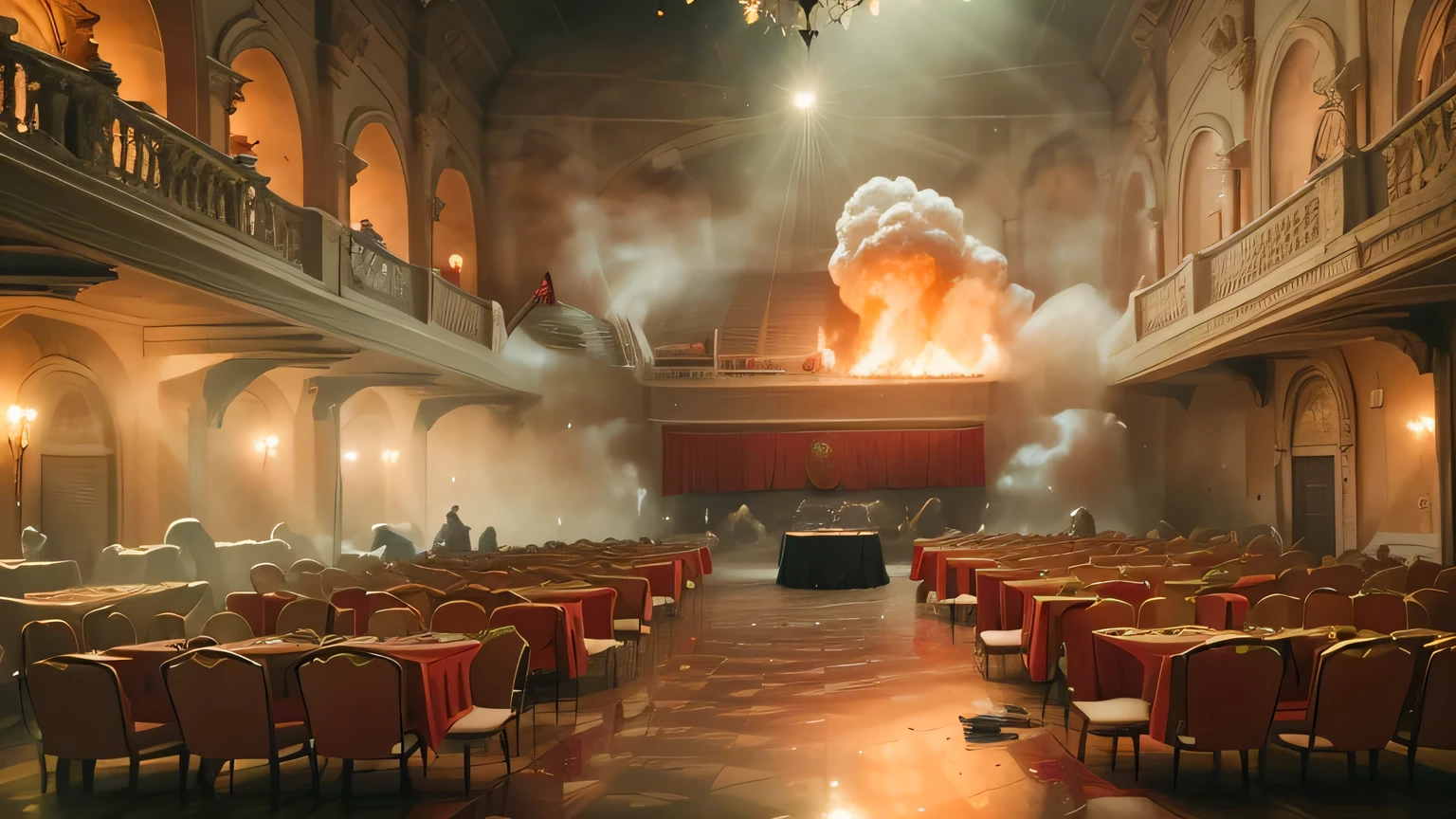 “(best quality,highres:1.2),vintage,Italian mafia-themed luxury party hall,expensive decorations everywhere,money flowing like water,no people in sight,gunshots echoing in the air,fire engulfing the hall,bombs detonating,chaos and destruction,vivid colors,bokeh,rich color tones,dramatic lighting”
