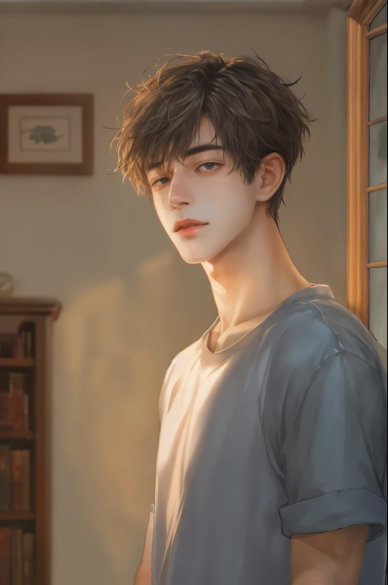 (absurdres, highres, ultra detailed, HDR), masterpiece, best quality, solo focus, teen boy from webtoon, handsome, perfect face, short hair inside a ghibli style room background 