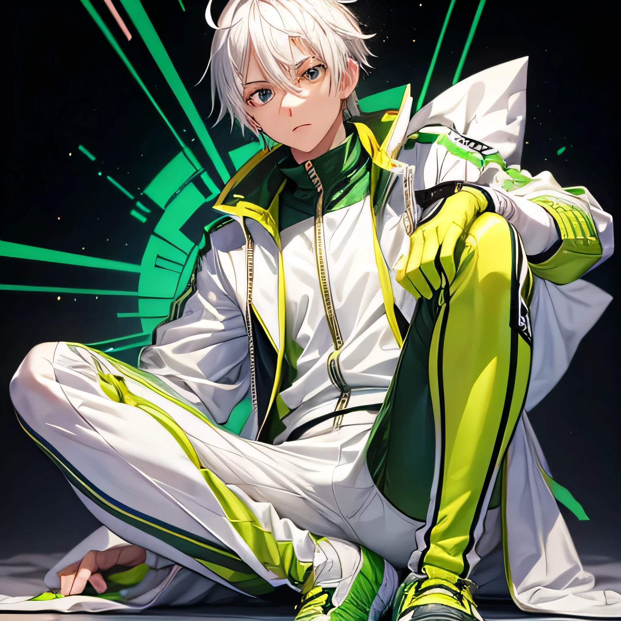 A young, handsome , no jawline ,white hair, green ahoge , wearing adidas golden most shiny tracksuit, white skin, with a watch on his wrist, dainese boots ,dainese gloves , no expression ,like Alhaitam male on Genshin impact , 3 m tall with a diamond shape head , same background