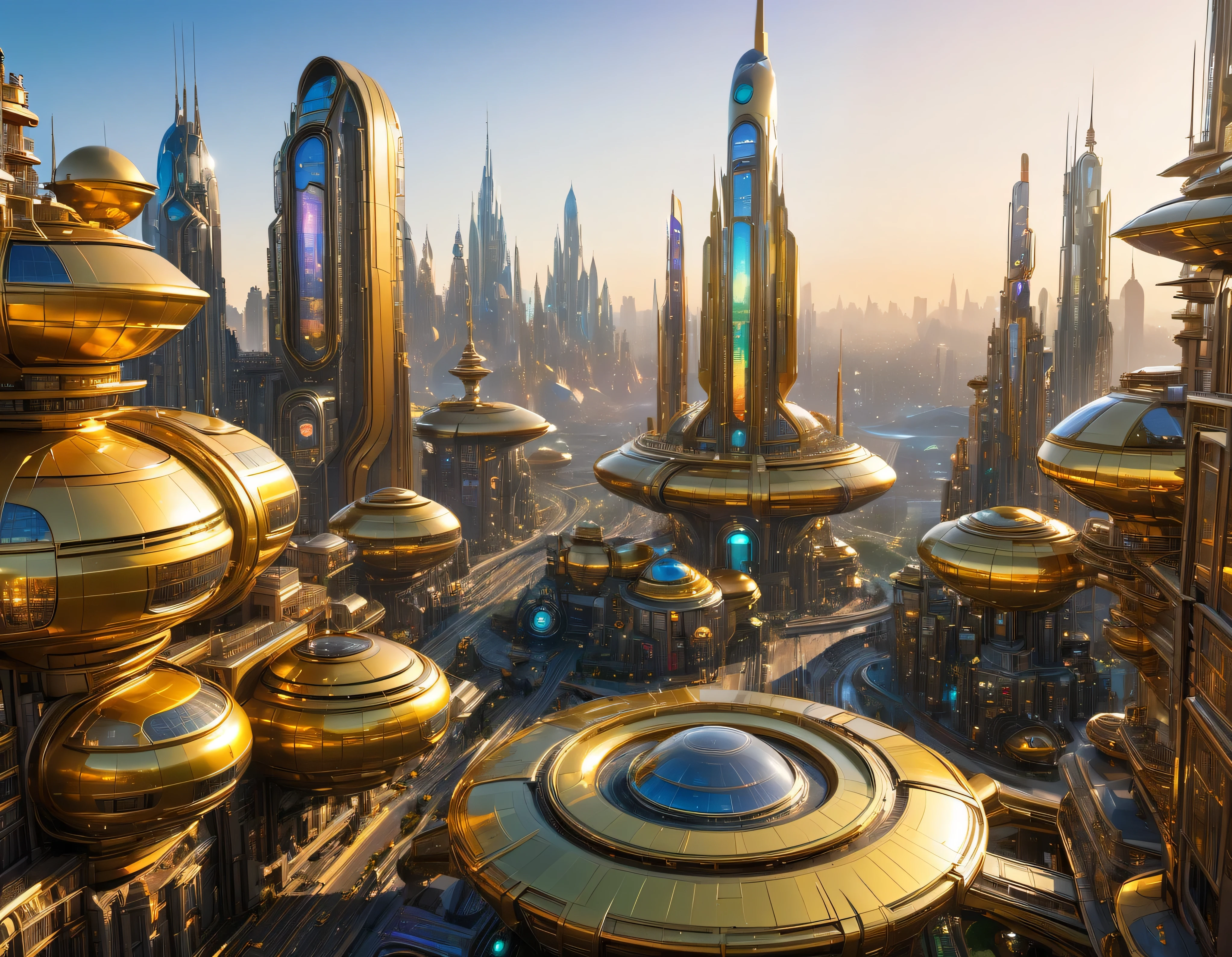 (golden hour lighting), megacity, megalopolis of an imaginary world of science fiction , parecido a una disneylandia futurista, and maximum fantasy, con inmensos edificios y rascacielos ovalados y dodecaedricos agrupados de metal y cristal donde predomina el oro y los anuncios luminosos de colores. imagen bien definida 8k, (intrincados detalles de la maquina), con muchos edificios juntos.(obra maestra de superior calidad).(imagen fotorrealista), nitidez absoluta hasta el fondo